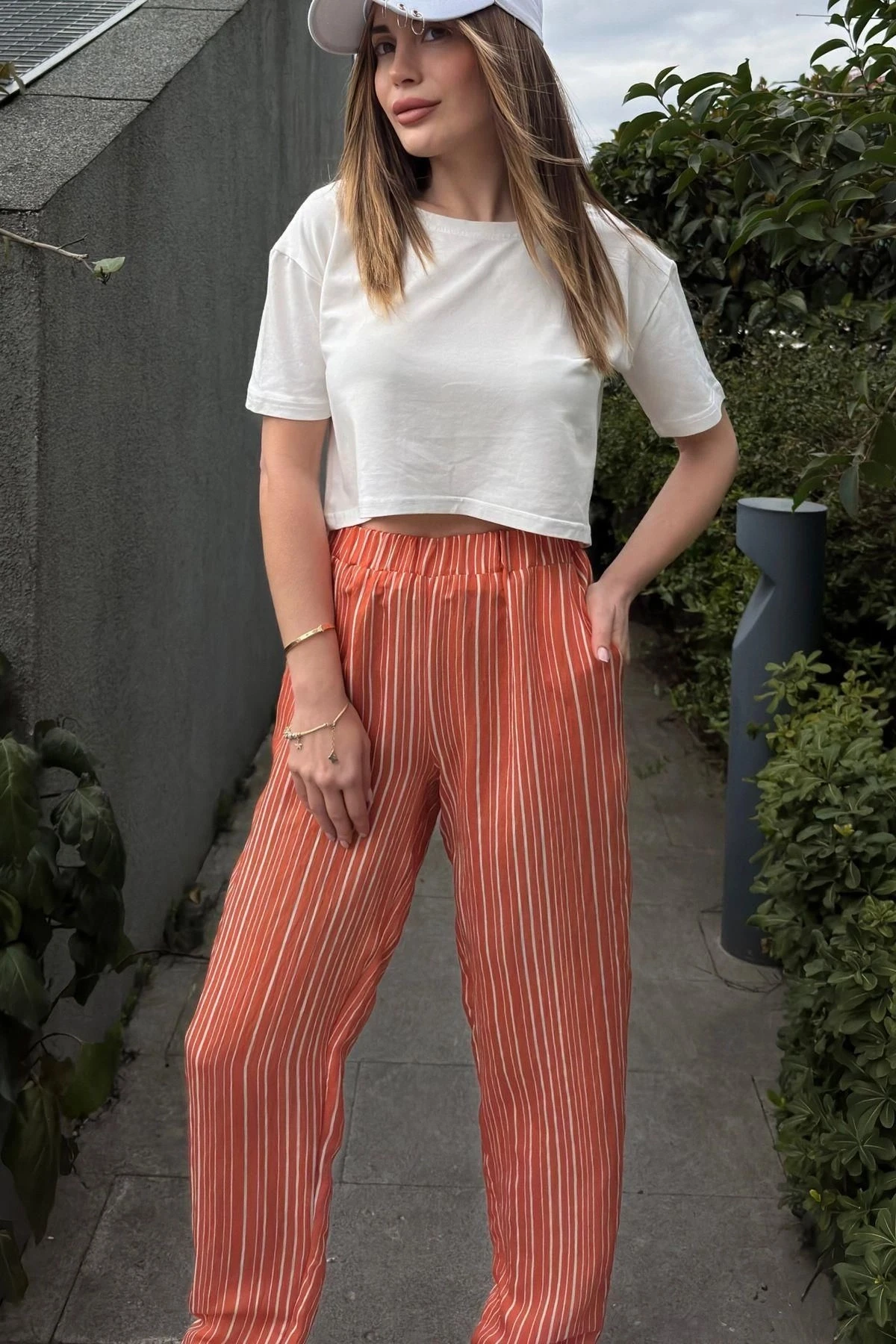 Kadın Kiremit Çizgili, Beli Lastikli, Cepli, Salaş Spor Pantolon