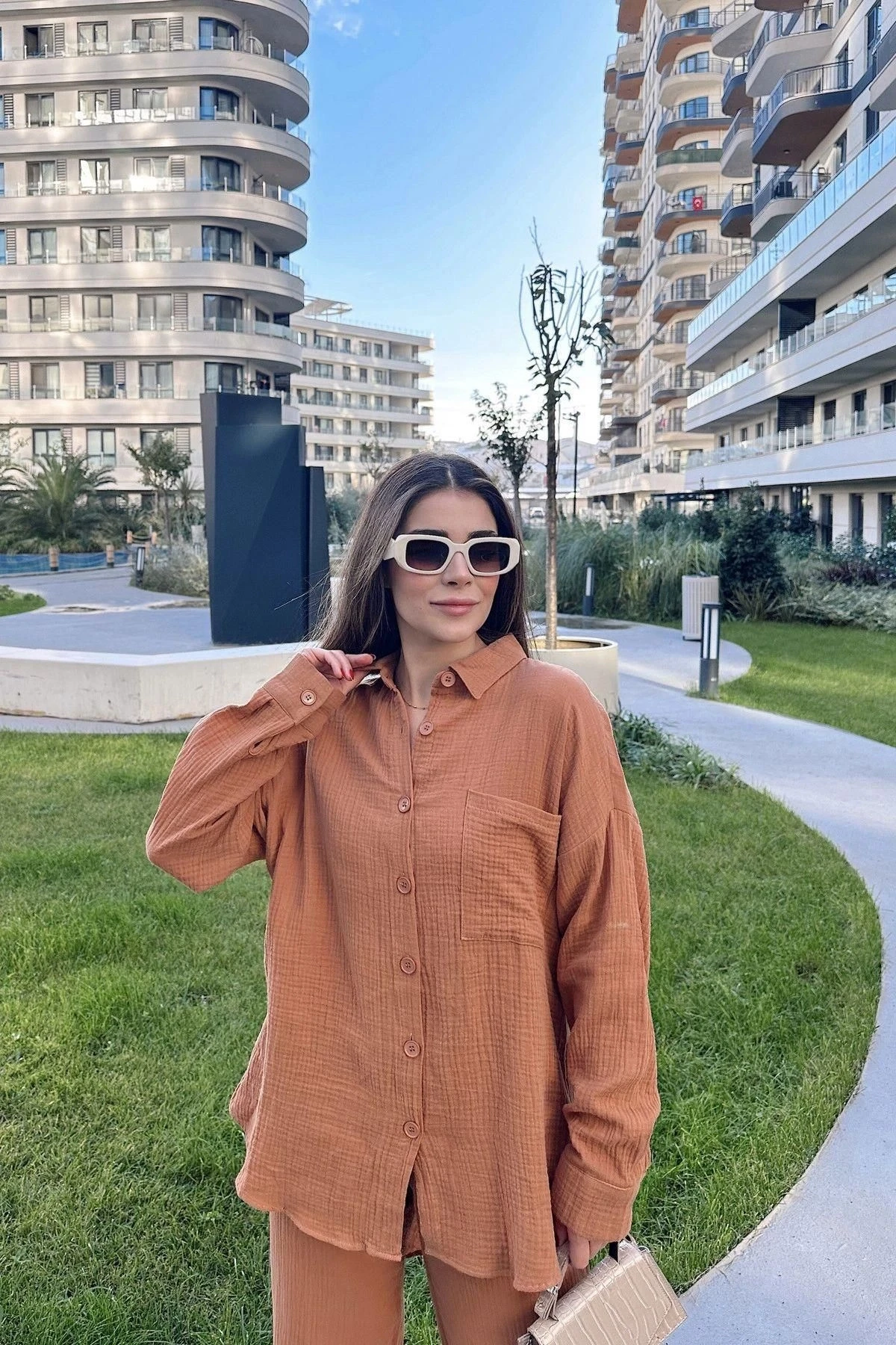 Kadın Kiremit Salaş Uzun Gömlek & Beli Lastikli Pantolon - Alt & Üst Müslin Kumaş Takım