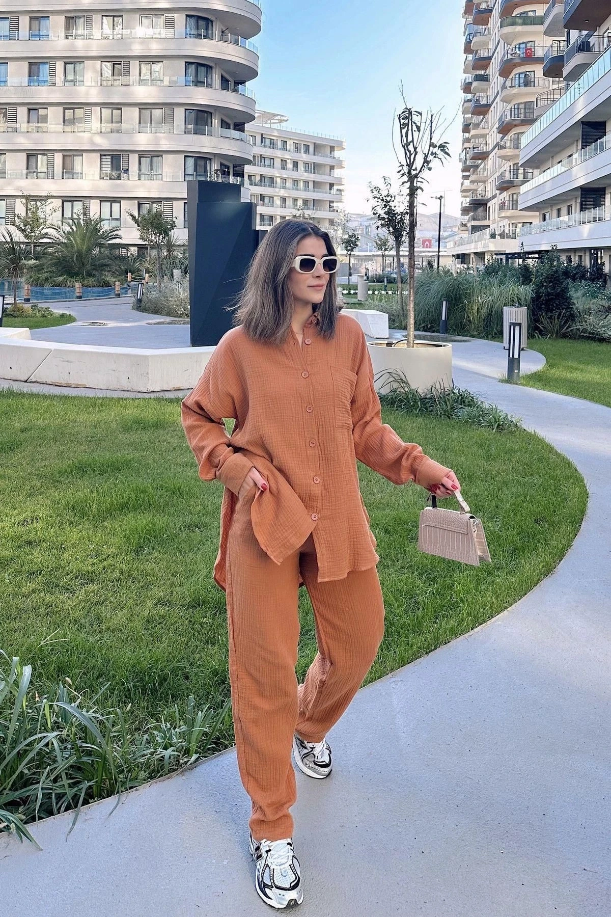 Kadın Kiremit Salaş Uzun Gömlek & Beli Lastikli Pantolon - Alt & Üst Müslin Kumaş Takım