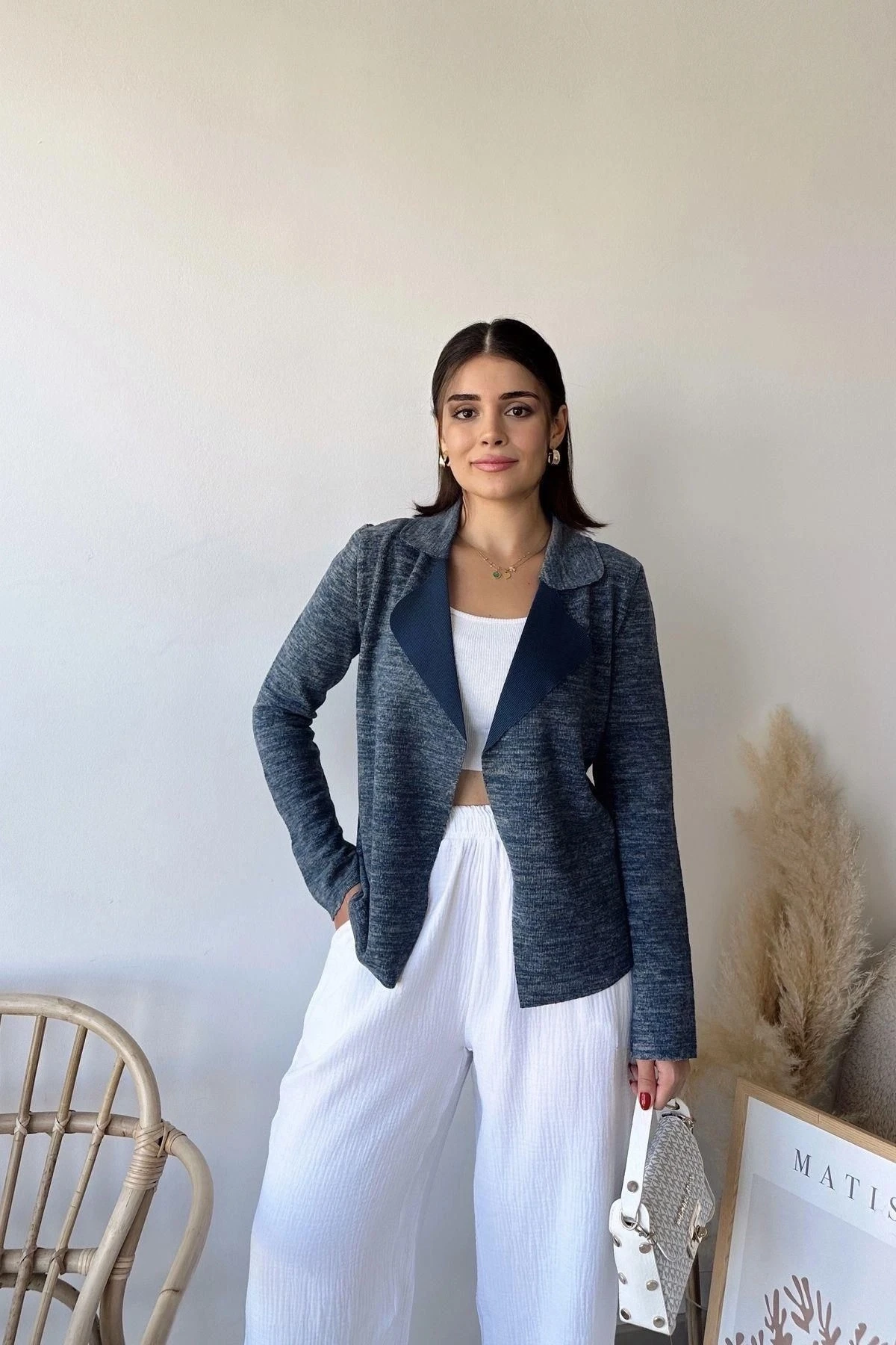 Kadın Laci Uzun Kol, Yumuşak Dokulu, Çift Taraflı Yaka, Hırka Ceket