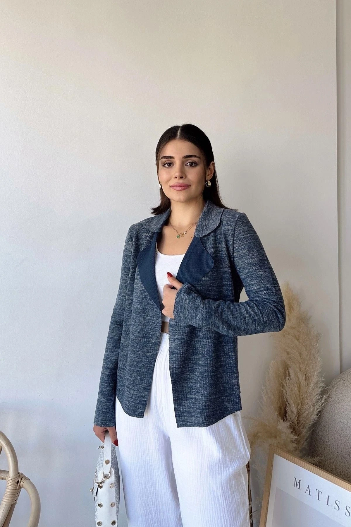 Kadın Laci Uzun Kol, Yumuşak Dokulu, Çift Taraflı Yaka, Hırka Ceket