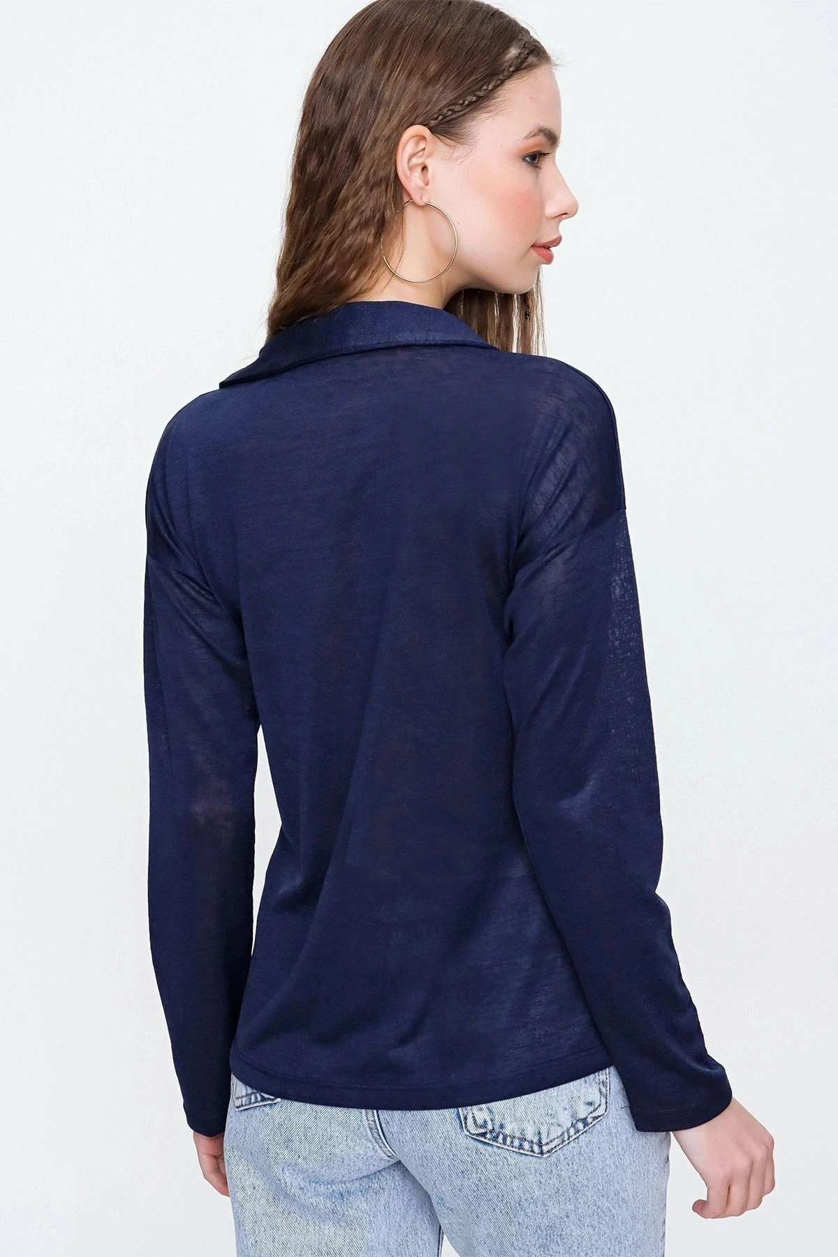 Kadın Lacivert Basic Stil Polo Yaka Uzun Kollu Keten Bluz Sweatshirt