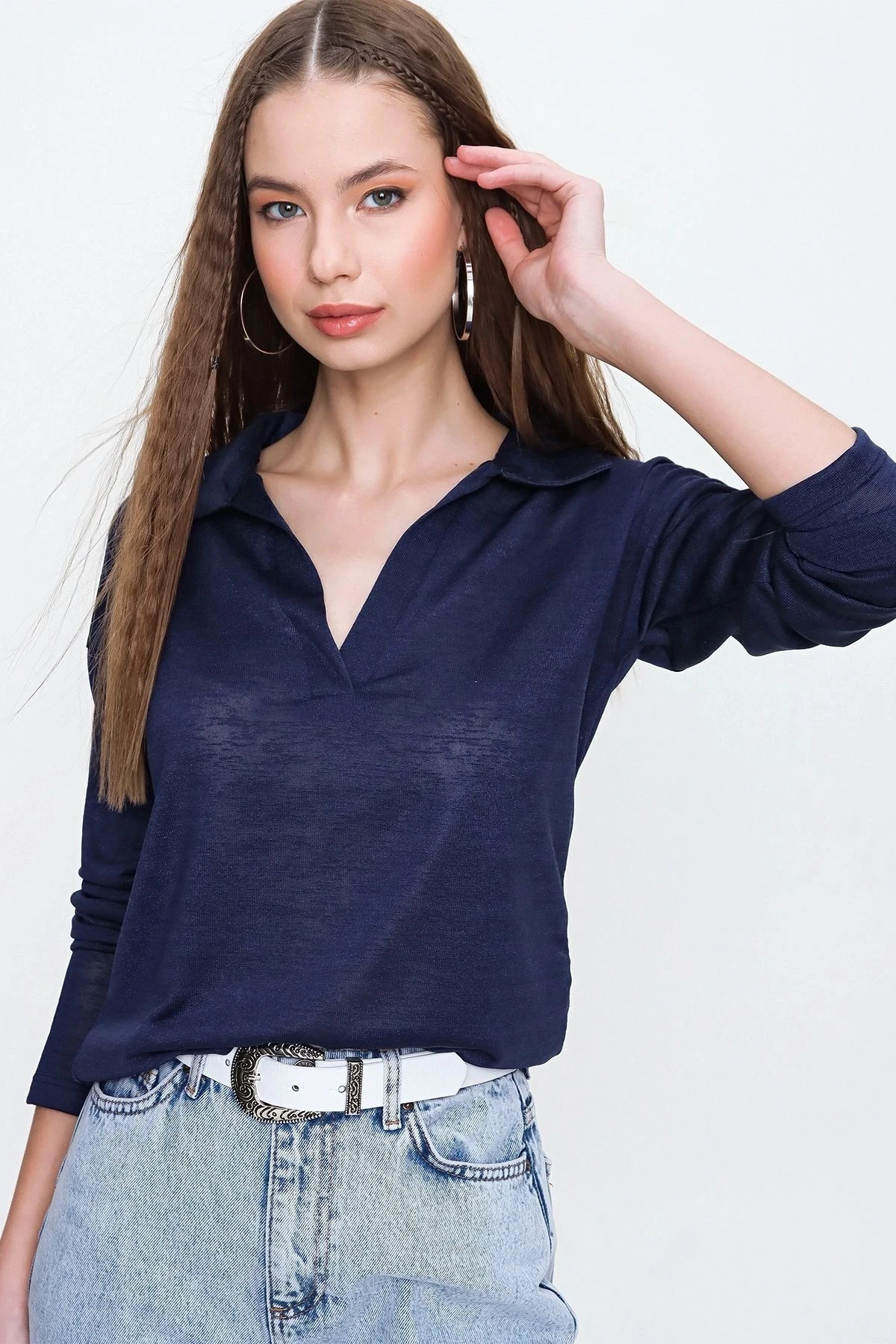 Kadın Lacivert Basic Stil Polo Yaka Uzun Kollu Keten Bluz Sweatshirt