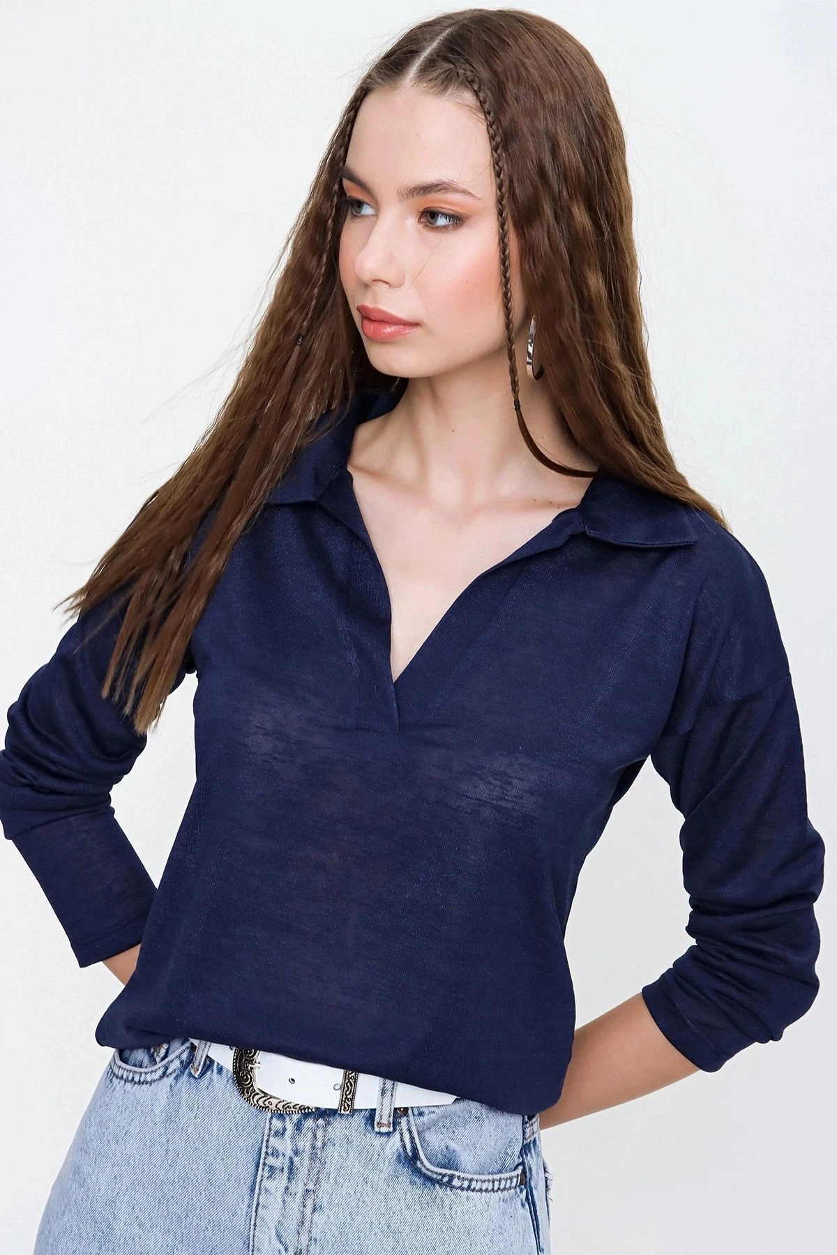 Kadın Lacivert Basic Stil Polo Yaka Uzun Kollu Keten Bluz Sweatshirt