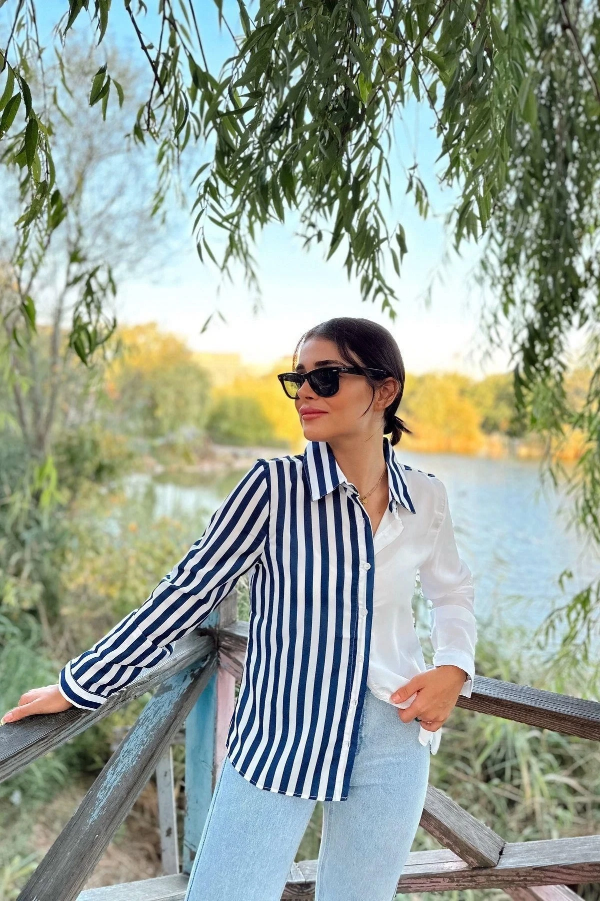 Kadın Lacivert İki Renkli Çizgili, Uzun Kol,Regular Kesim Gömlek