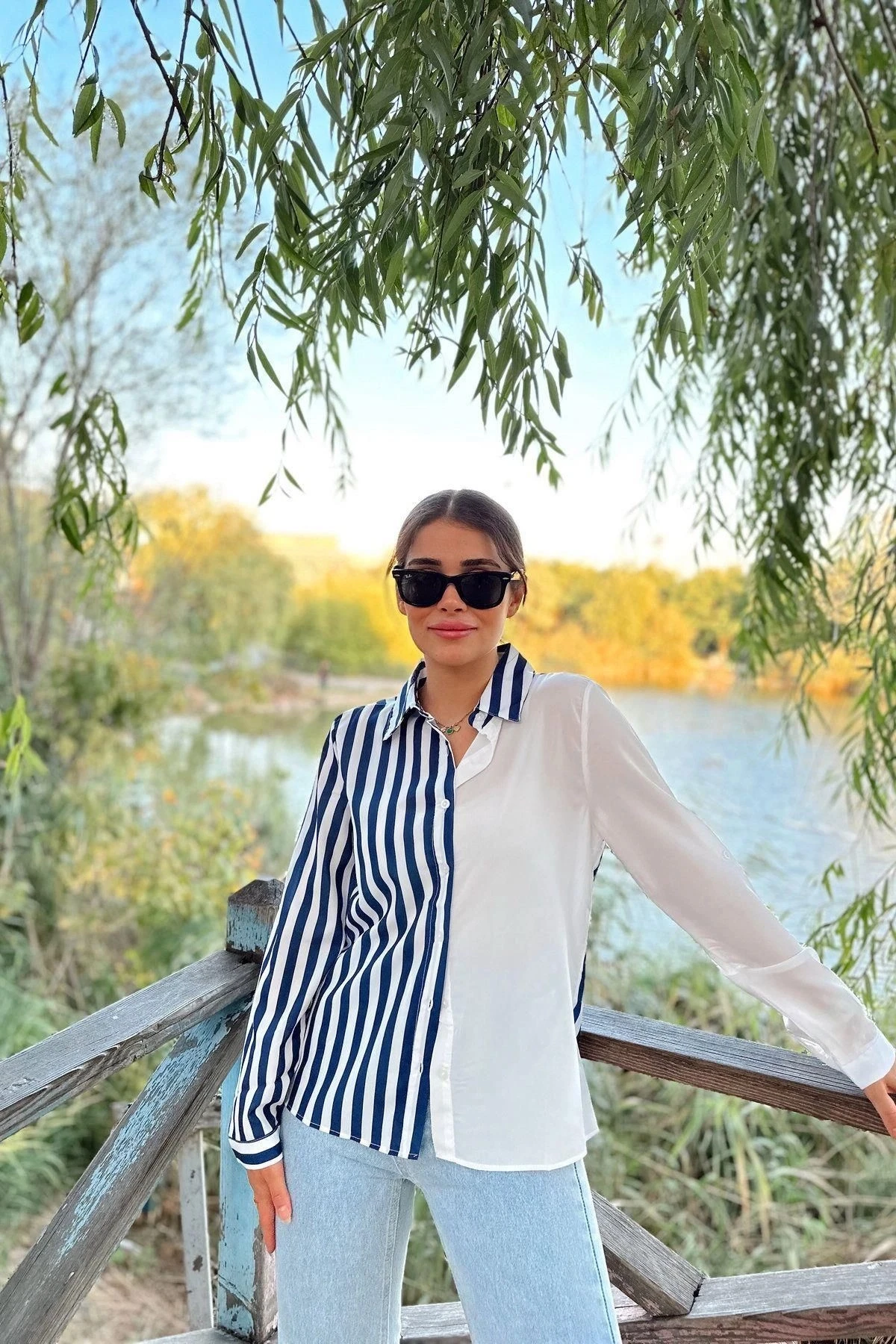 Kadın Lacivert İki Renkli Çizgili, Uzun Kol,Regular Kesim Gömlek