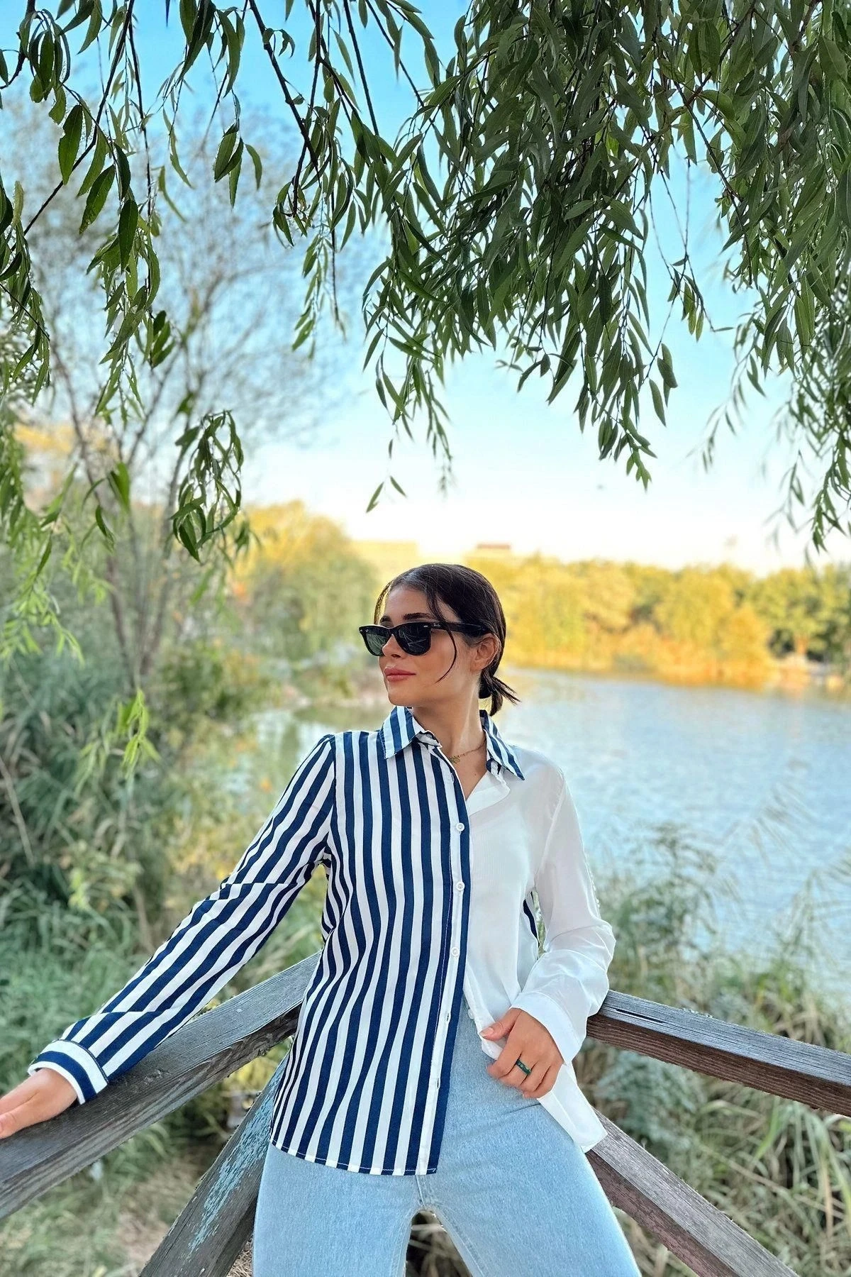 Kadın Lacivert İki Renkli Çizgili, Uzun Kol,Regular Kesim Gömlek