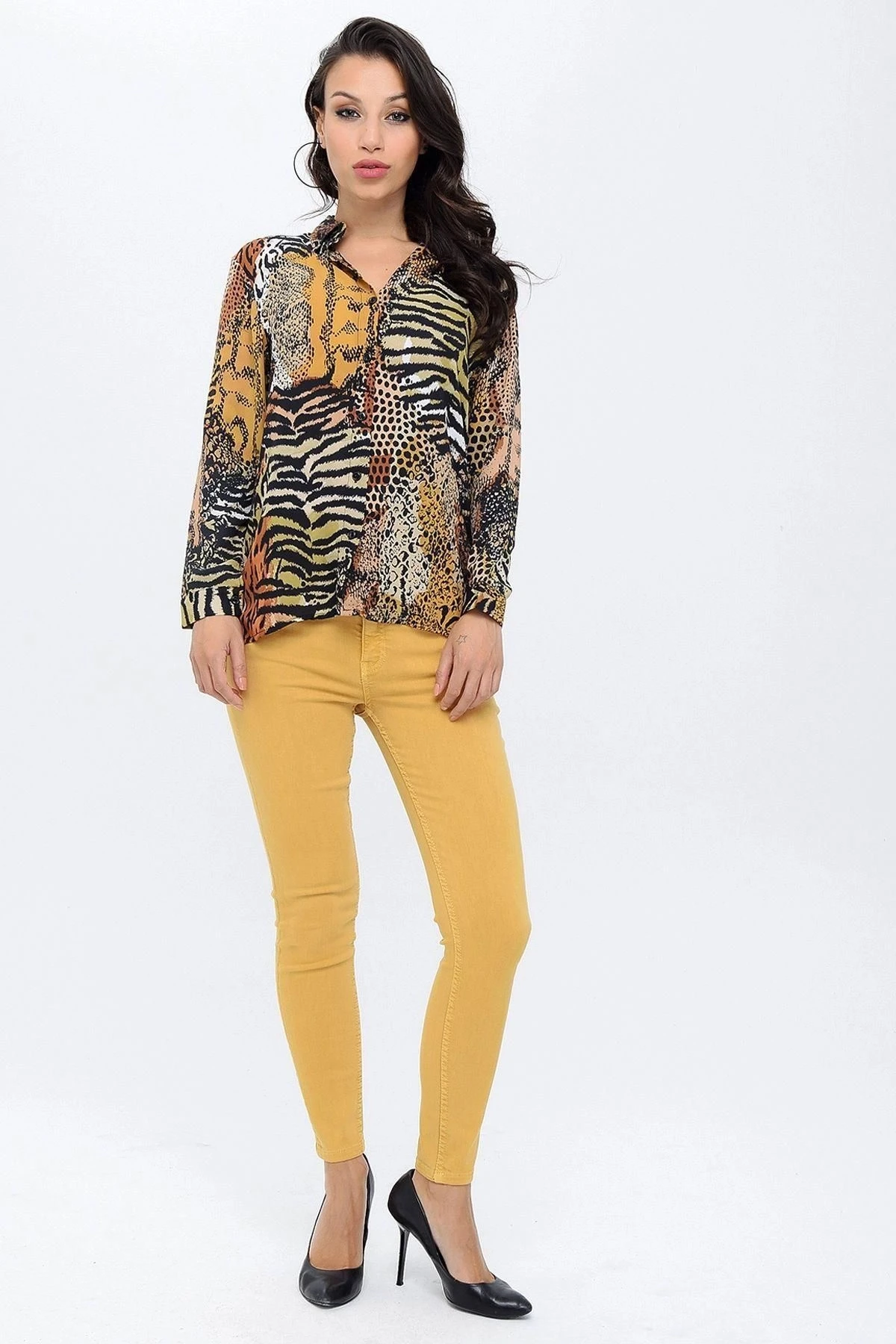 Kadın Leopar Desen Klasik Yaka, Uzun Kol, Çiçek Desenli, Regular Kesim, Standart Boy Gömlek