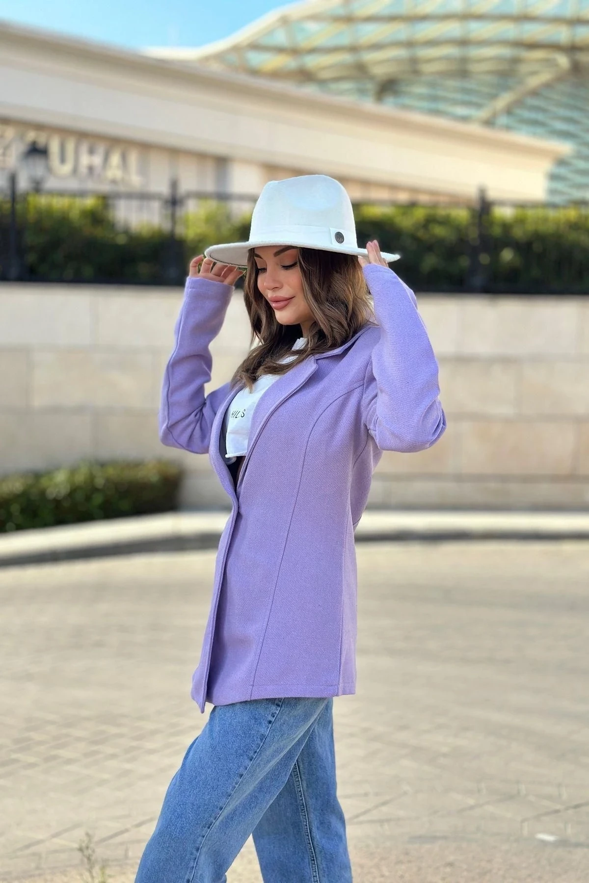 Kadın Lila Astarlı, Tek Düğme, Vucüda Oturan Kalıp, Fitilli Kaşe Kumaş Blazer Ceket