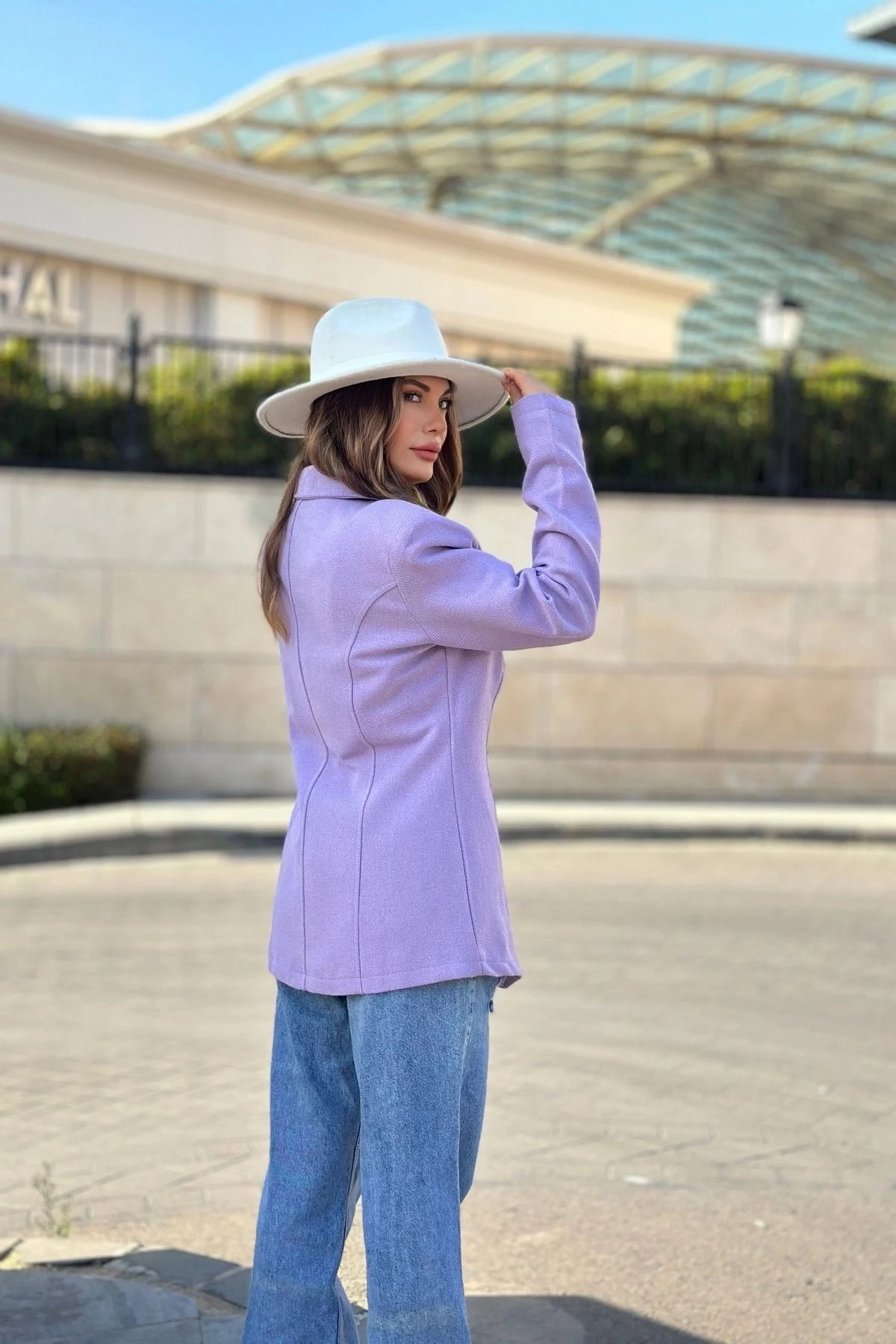 Kadın Lila Astarlı, Tek Düğme, Vucüda Oturan Kalıp, Fitilli Kaşe Kumaş Blazer Ceket