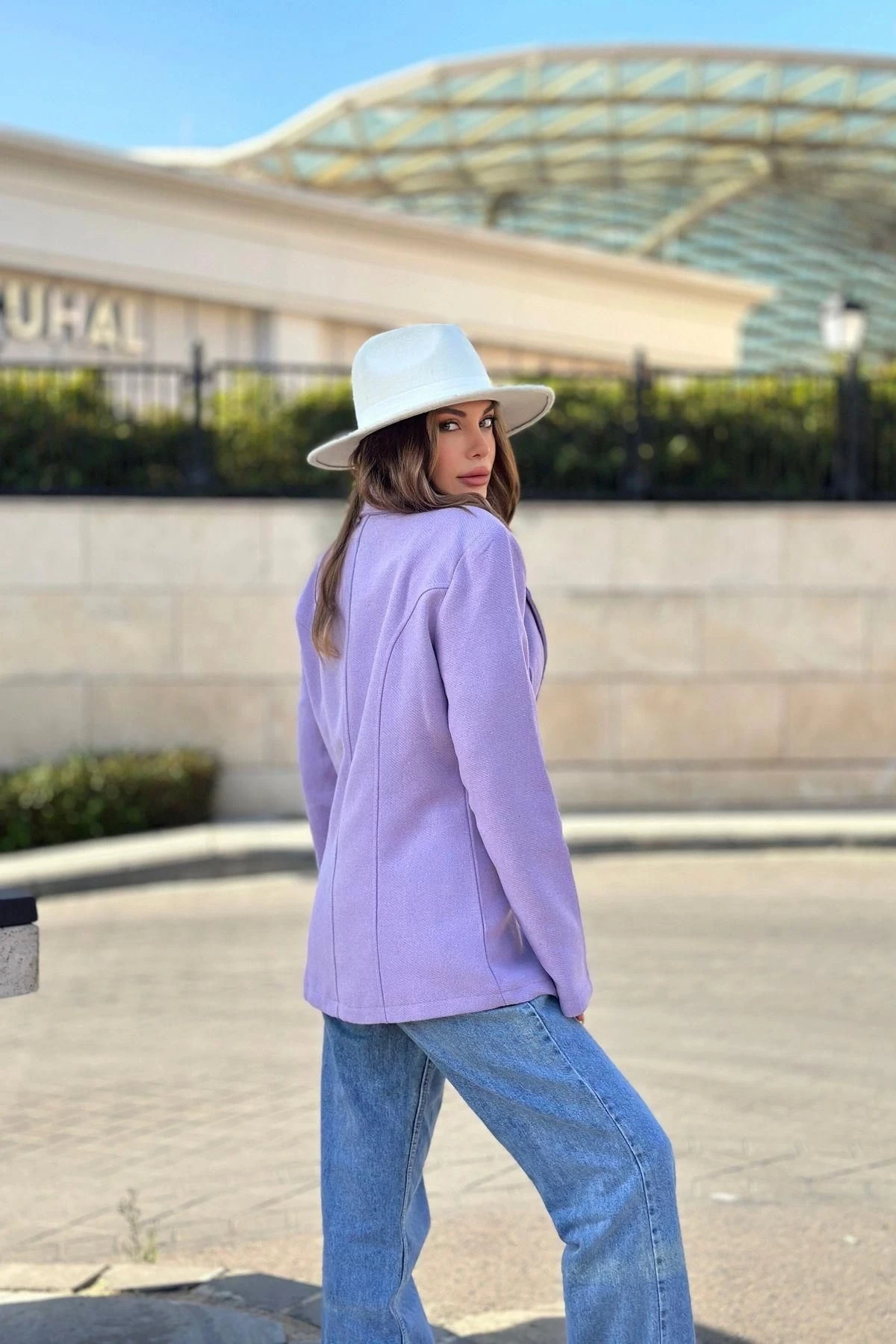 Kadın Lila Astarlı, Tek Düğme, Vucüda Oturan Kalıp, Fitilli Kaşe Kumaş Blazer Ceket