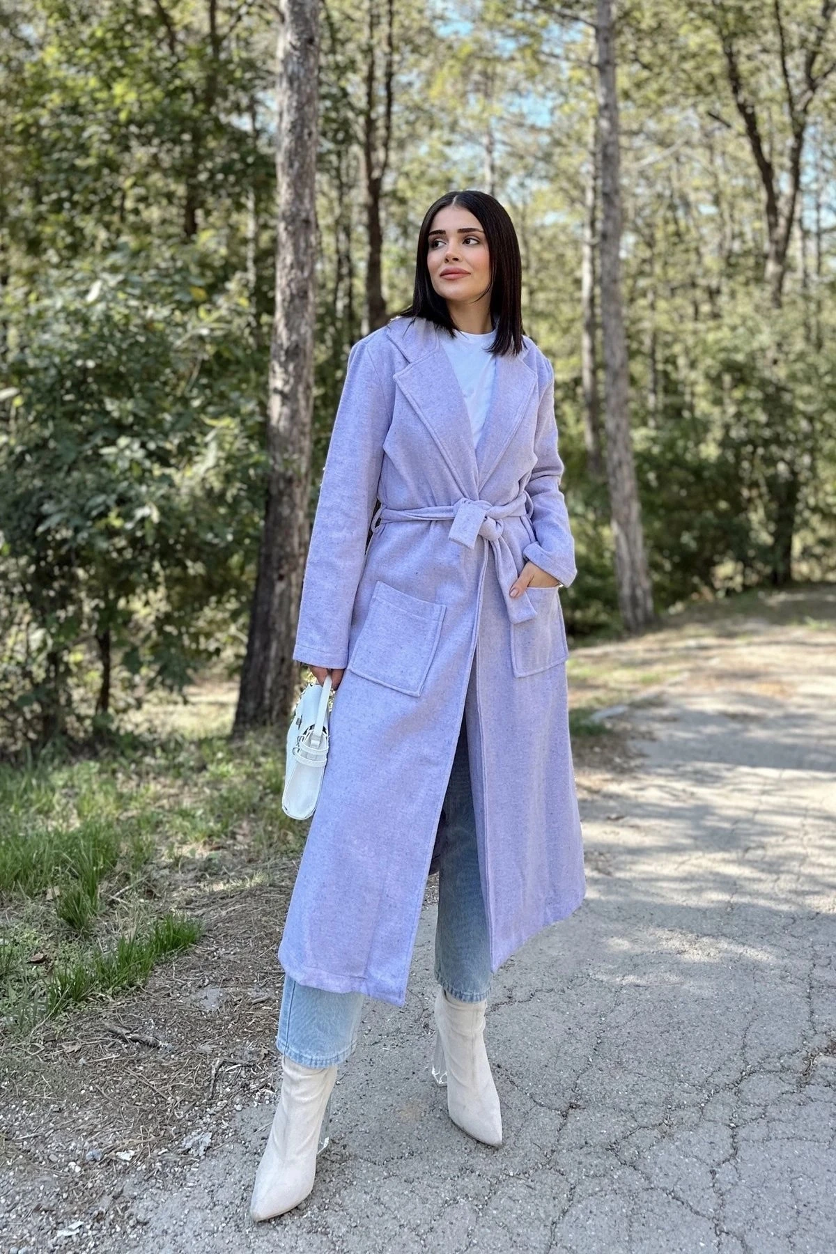 Kadın Lila Çift Cepli, Beli Kemerli, Düğmesiz, Uzun Kaşe Kaban