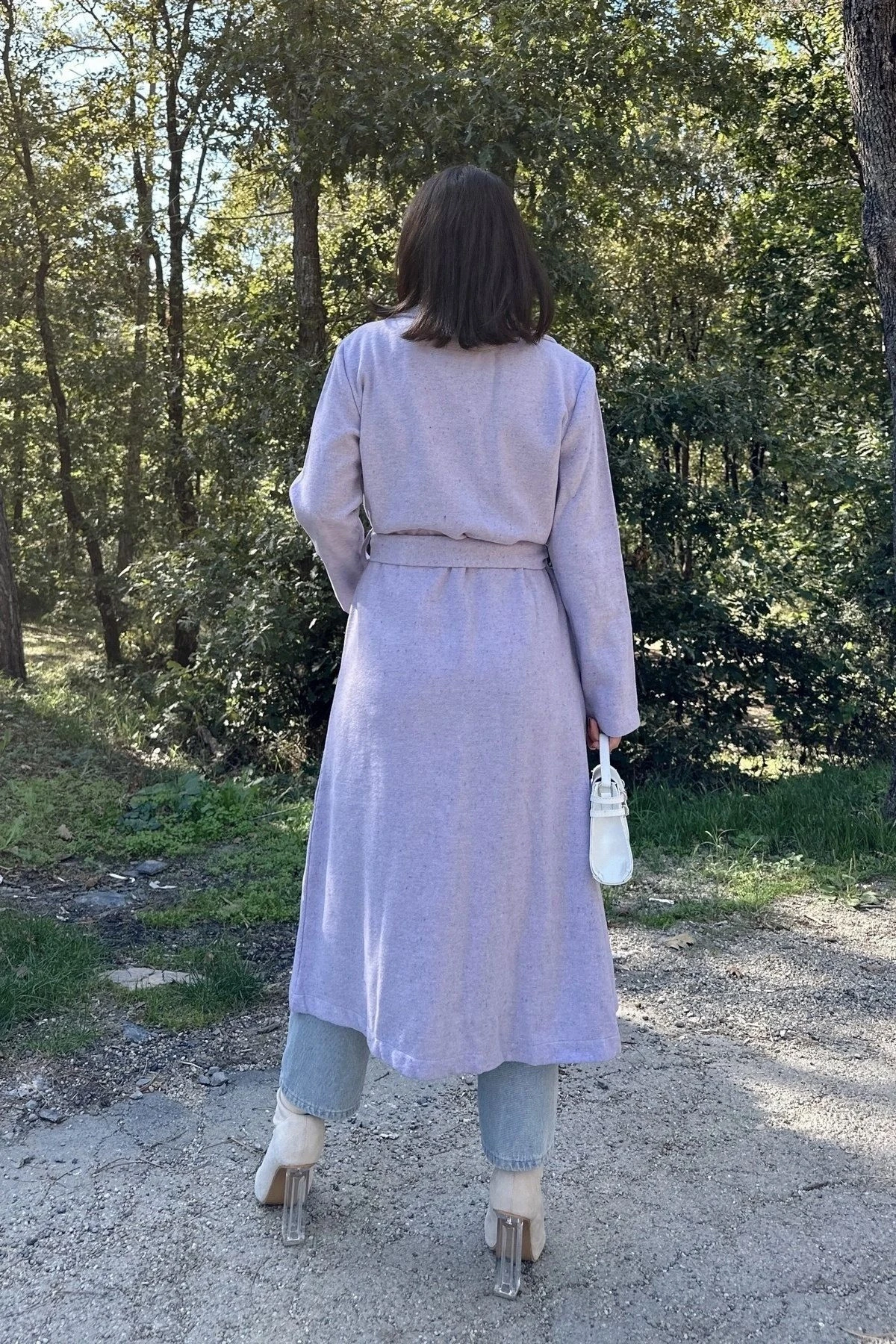 Kadın Lila Çift Cepli, Beli Kemerli, Düğmesiz, Uzun Kaşe Kaban