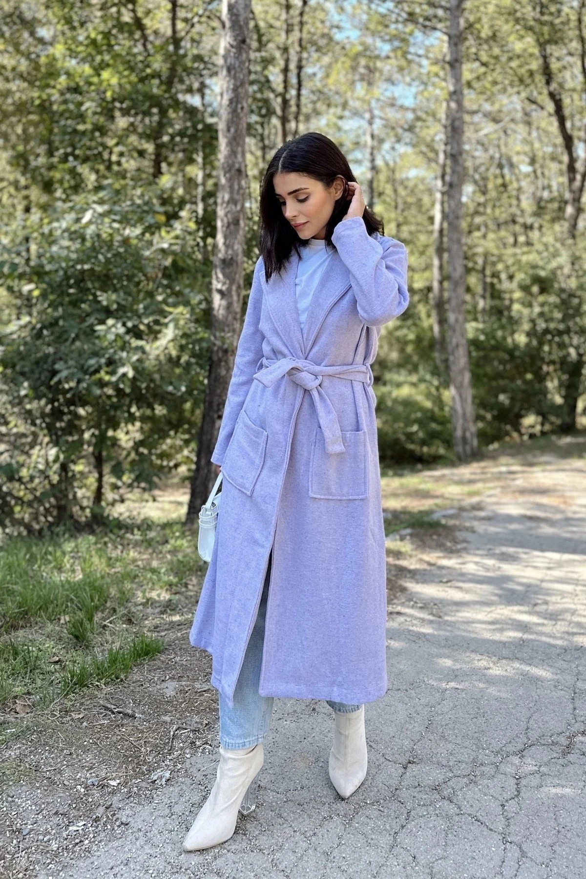 Kadın Lila Çift Cepli, Beli Kemerli, Düğmesiz, Uzun Kaşe Kaban