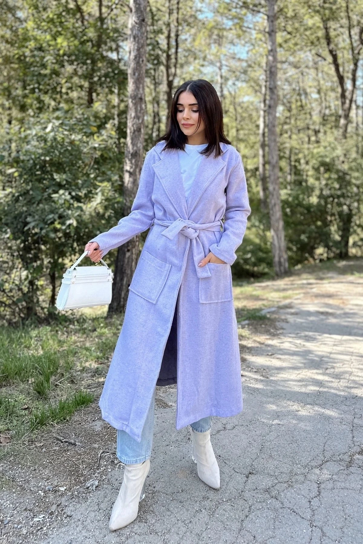 Kadın Lila Çift Cepli, Beli Kemerli, Düğmesiz, Uzun Kaşe Kaban