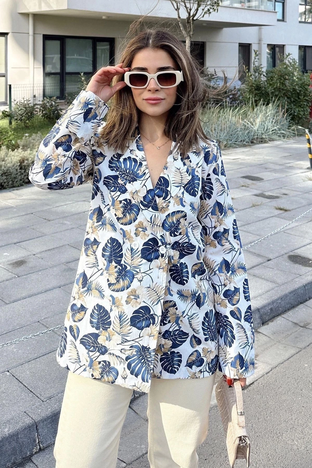 Kadın Mavi Desenli, Uzun Kol, Düğme Kapamalı, Kruvaze Ceket