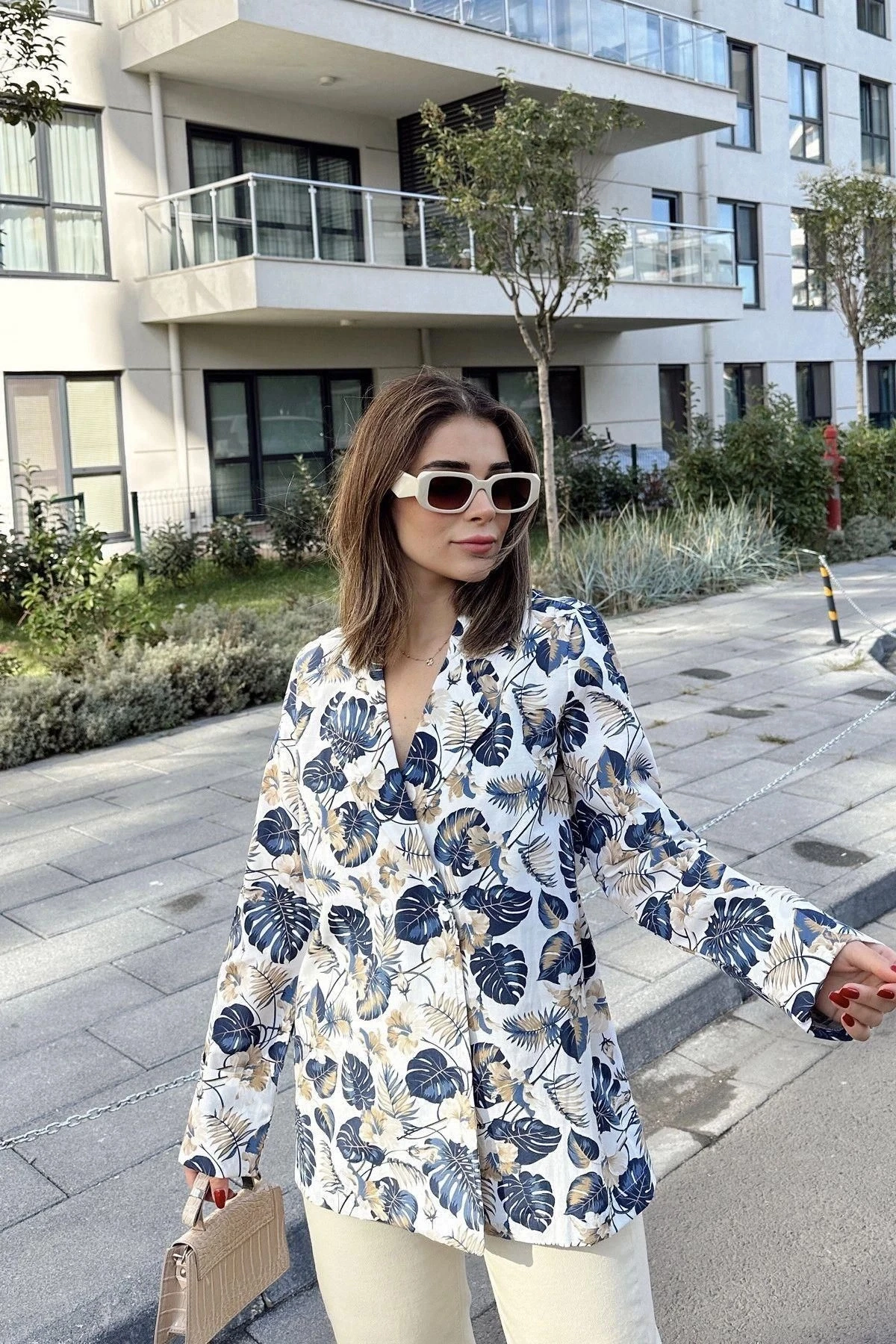 Kadın Mavi Desenli, Uzun Kol, Düğme Kapamalı, Kruvaze Ceket