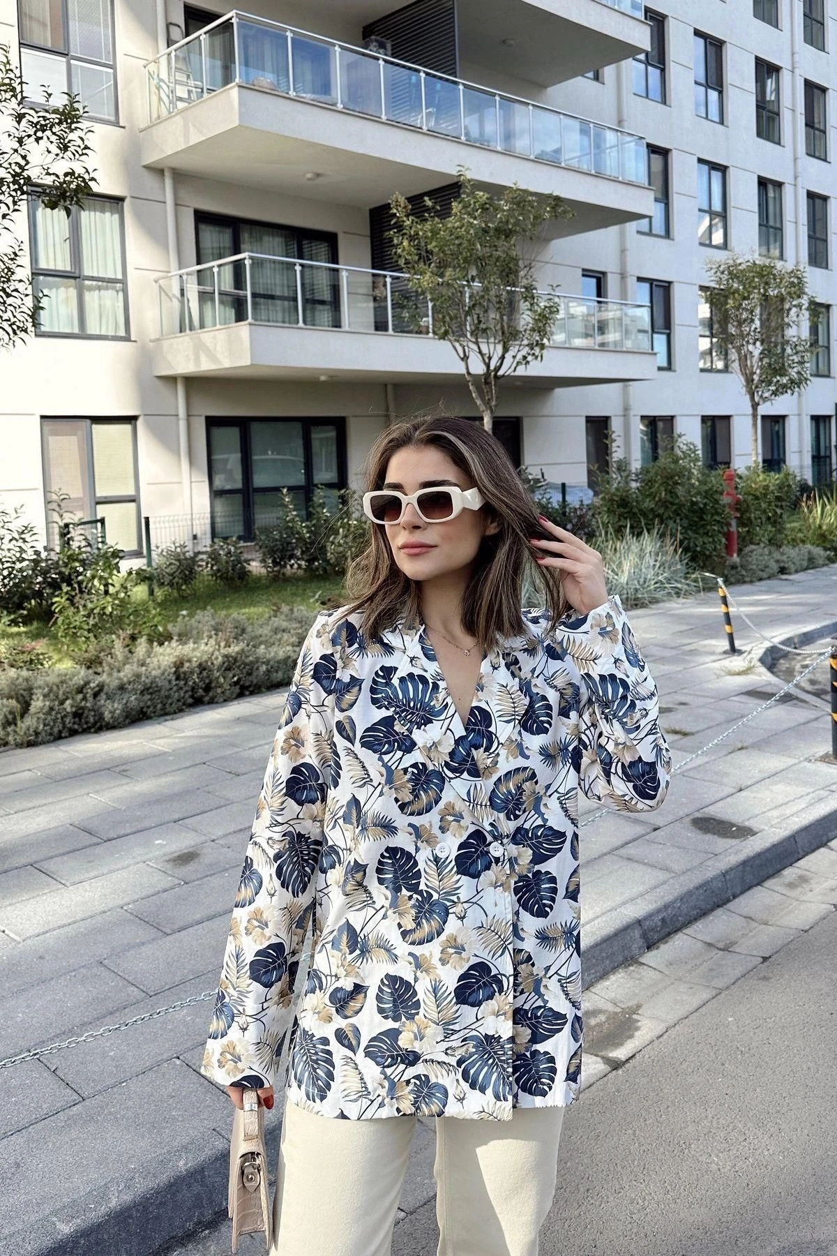 Kadın Mavi Desenli, Uzun Kol, Düğme Kapamalı, Kruvaze Ceket