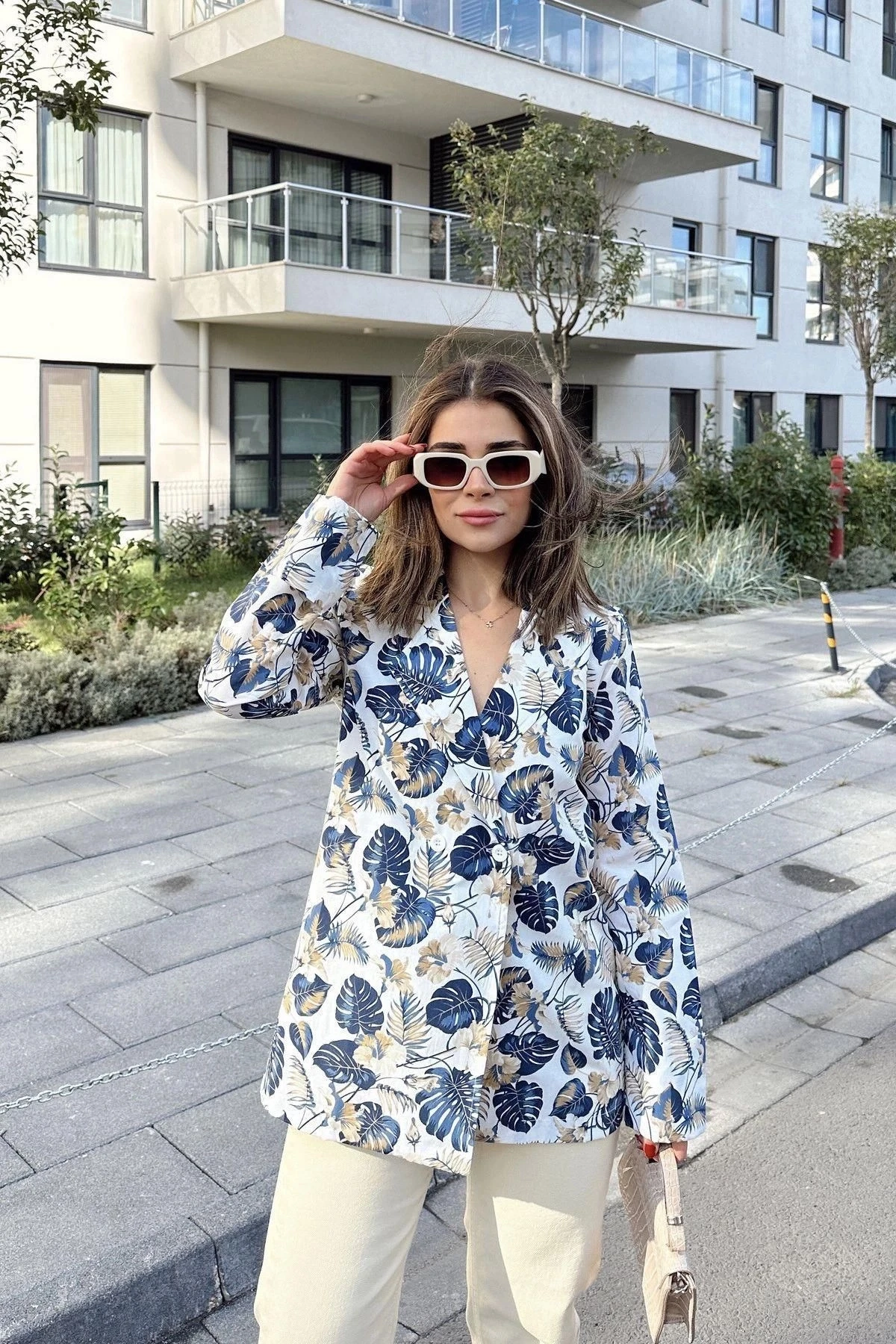 Kadın Mavi Desenli, Uzun Kol, Düğme Kapamalı, Kruvaze Ceket