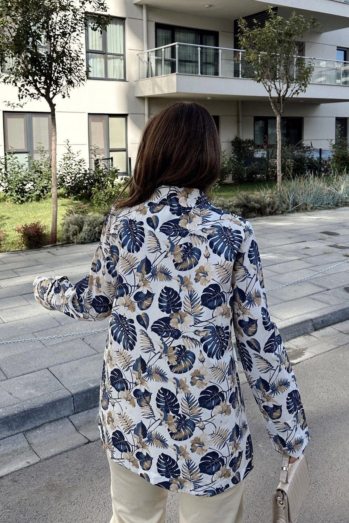 Kadın Mavi Desenli, Uzun Kol, Düğme Kapamalı, Kruvaze Ceket