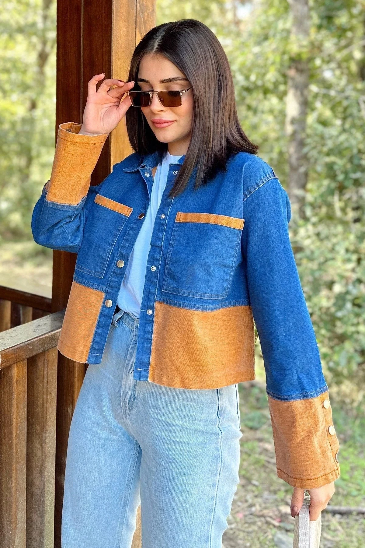 Kadın Mavi & Turuncu Denim Kontrast Çift Renk Detay, Ön Düğmeli Manşetli, Kot Ceket