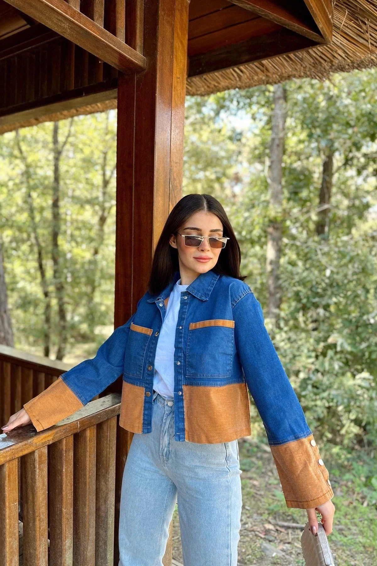 Kadın Mavi & Turuncu Denim Kontrast Çift Renk Detay, Ön Düğmeli Manşetli, Kot Ceket