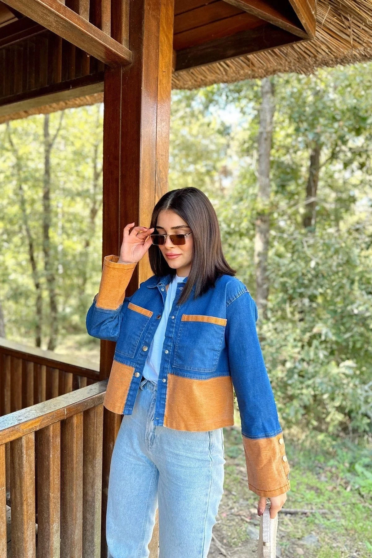 Kadın Mavi & Turuncu Denim Kontrast Çift Renk Detay, Ön Düğmeli Manşetli, Kot Ceket