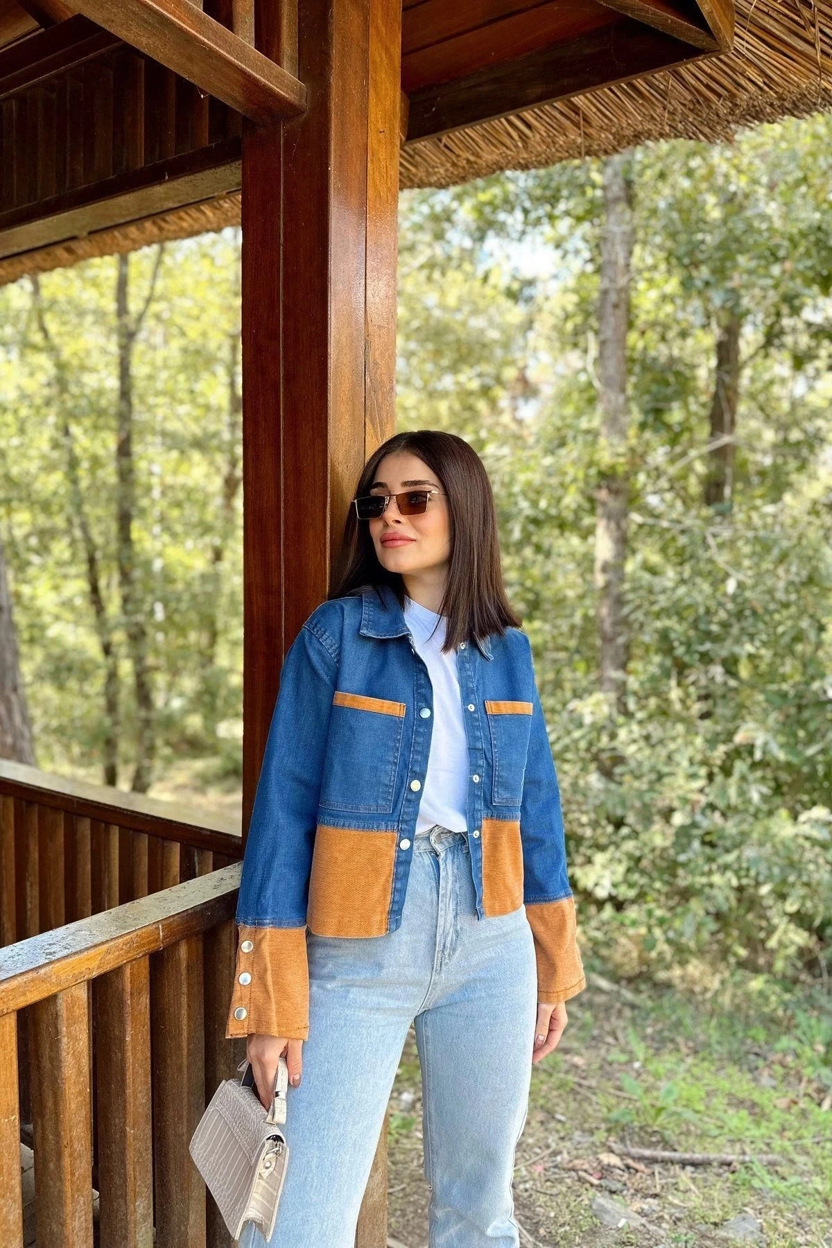 Kadın Mavi & Turuncu Denim Kontrast Çift Renk Detay, Ön Düğmeli Manşetli, Kot Ceket