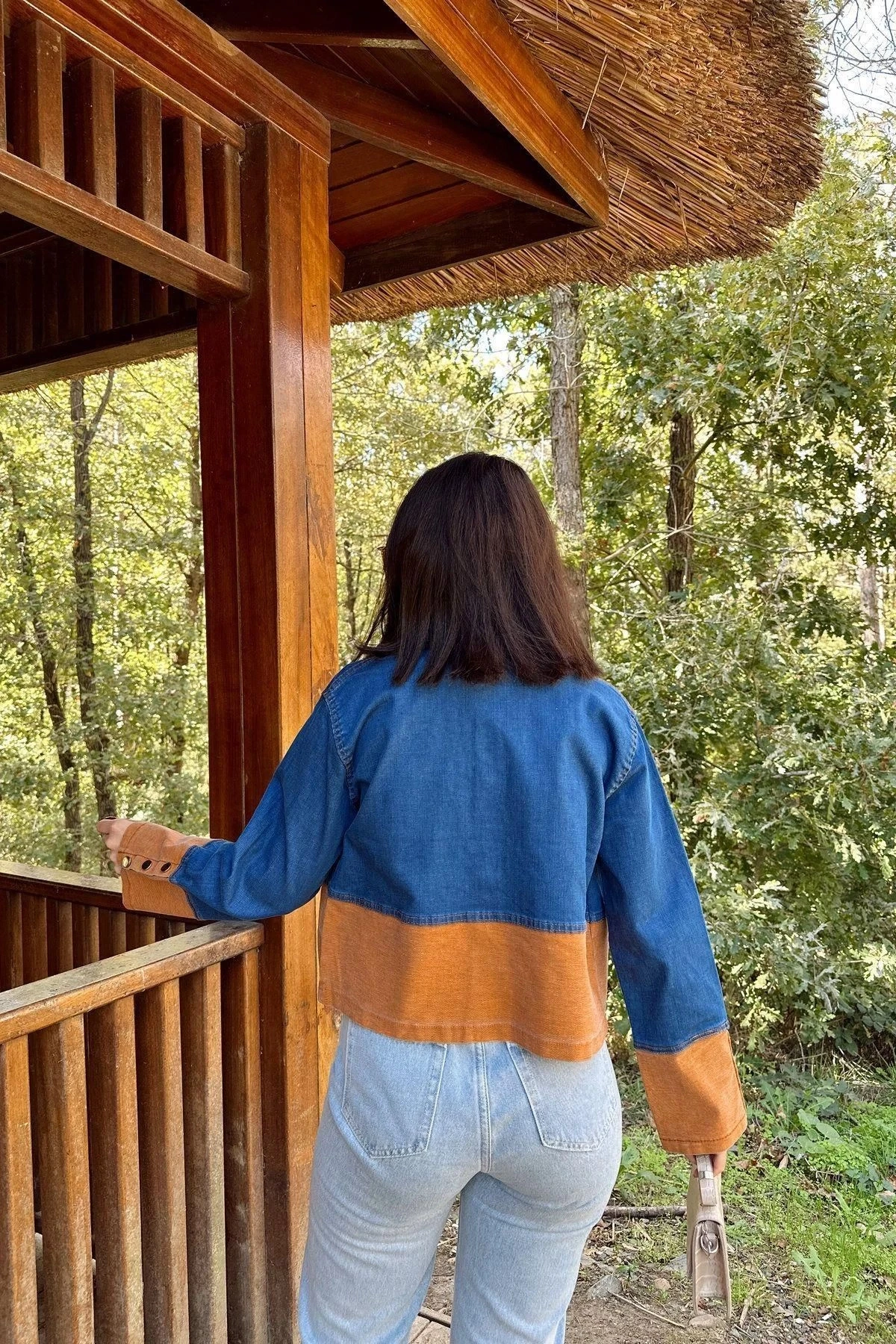 Kadın Mavi & Turuncu Denim Kontrast Çift Renk Detay, Ön Düğmeli Manşetli, Kot Ceket