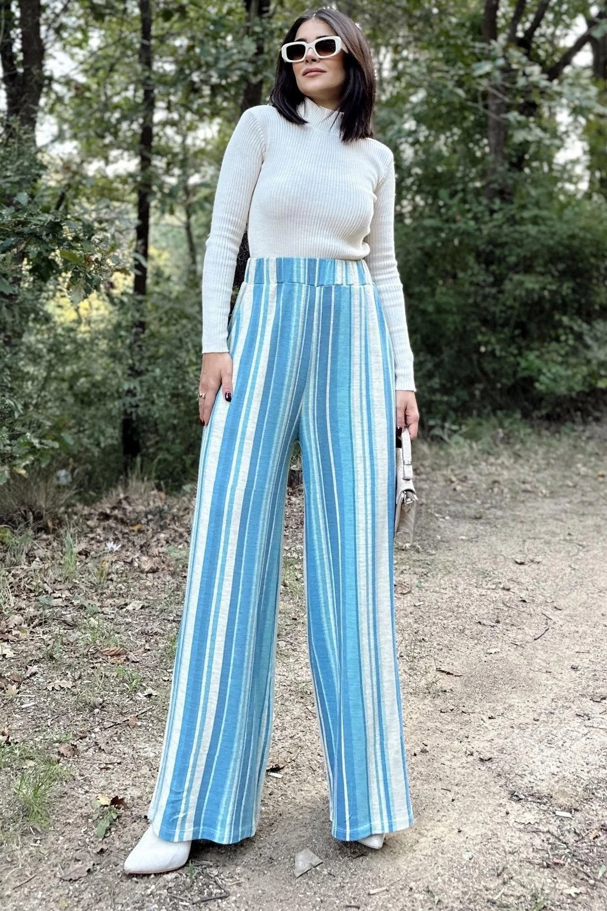 Kadın Mavi Yüksek Bel, Geniş Paça, Çizgili Desenli, Beli Lastikli, Salaş Dokuma Pantolon