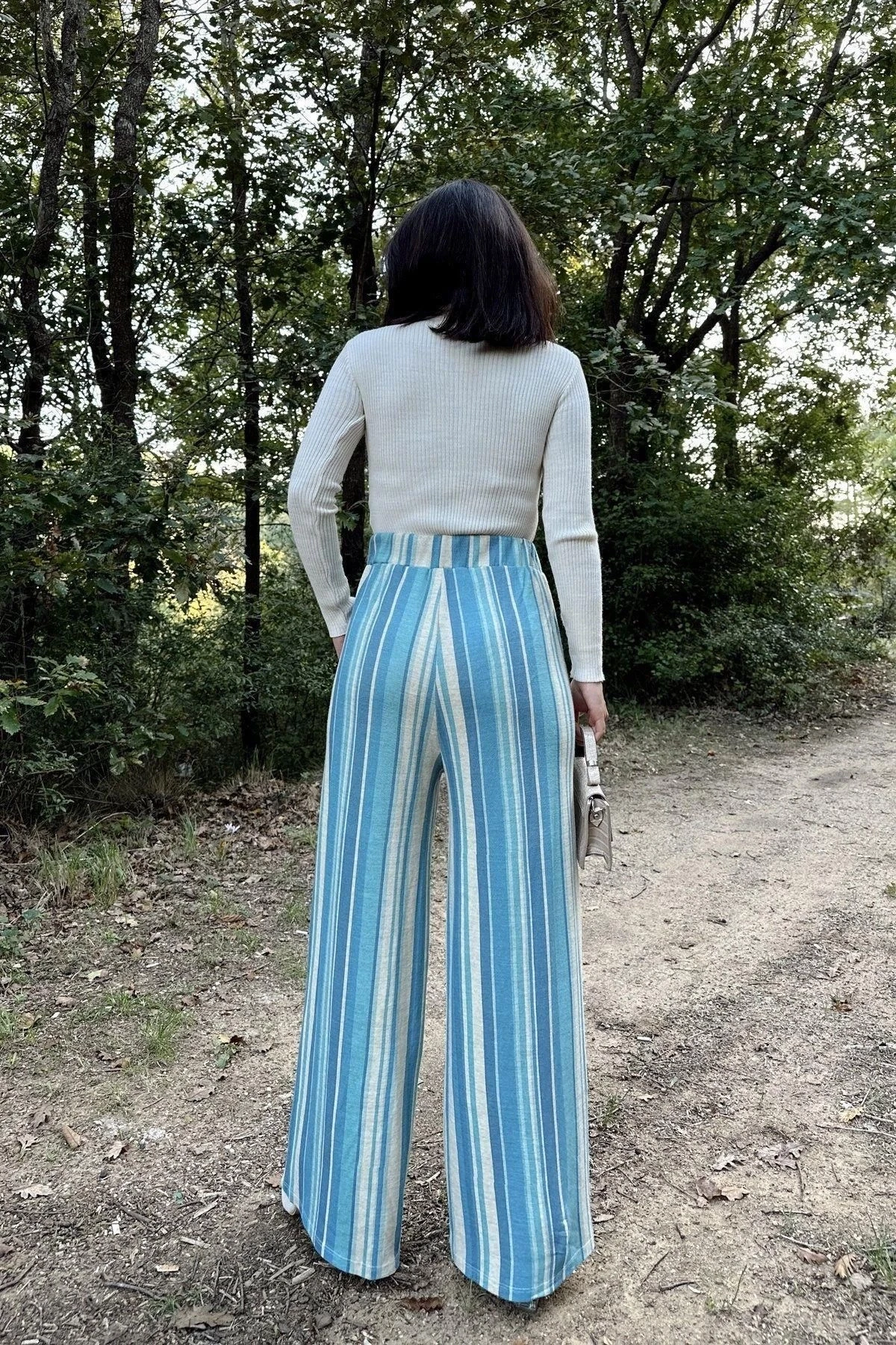 Kadın Mavi Yüksek Bel, Geniş Paça, Çizgili Desenli, Beli Lastikli, Salaş Dokuma Pantolon