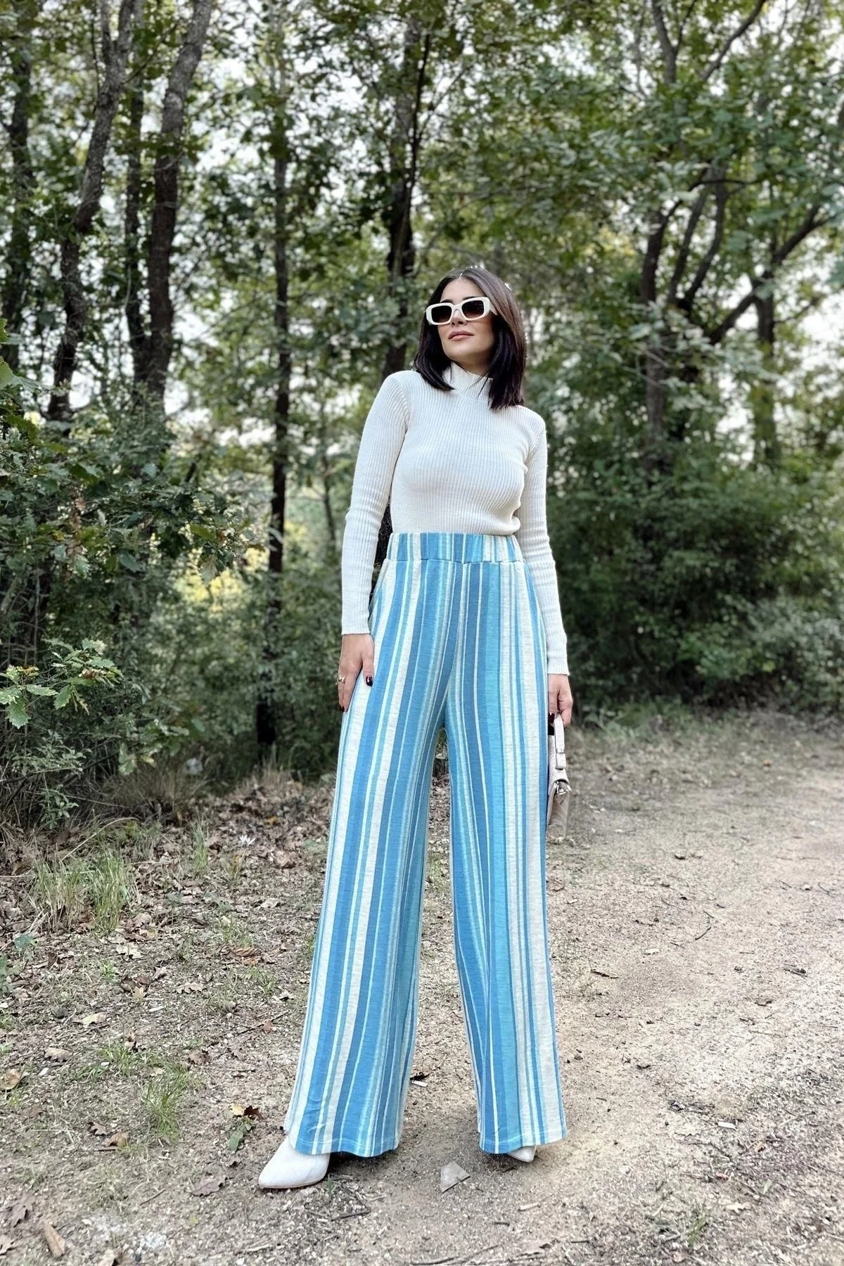 Kadın Mavi Yüksek Bel, Geniş Paça, Çizgili Desenli, Beli Lastikli, Salaş Dokuma Pantolon