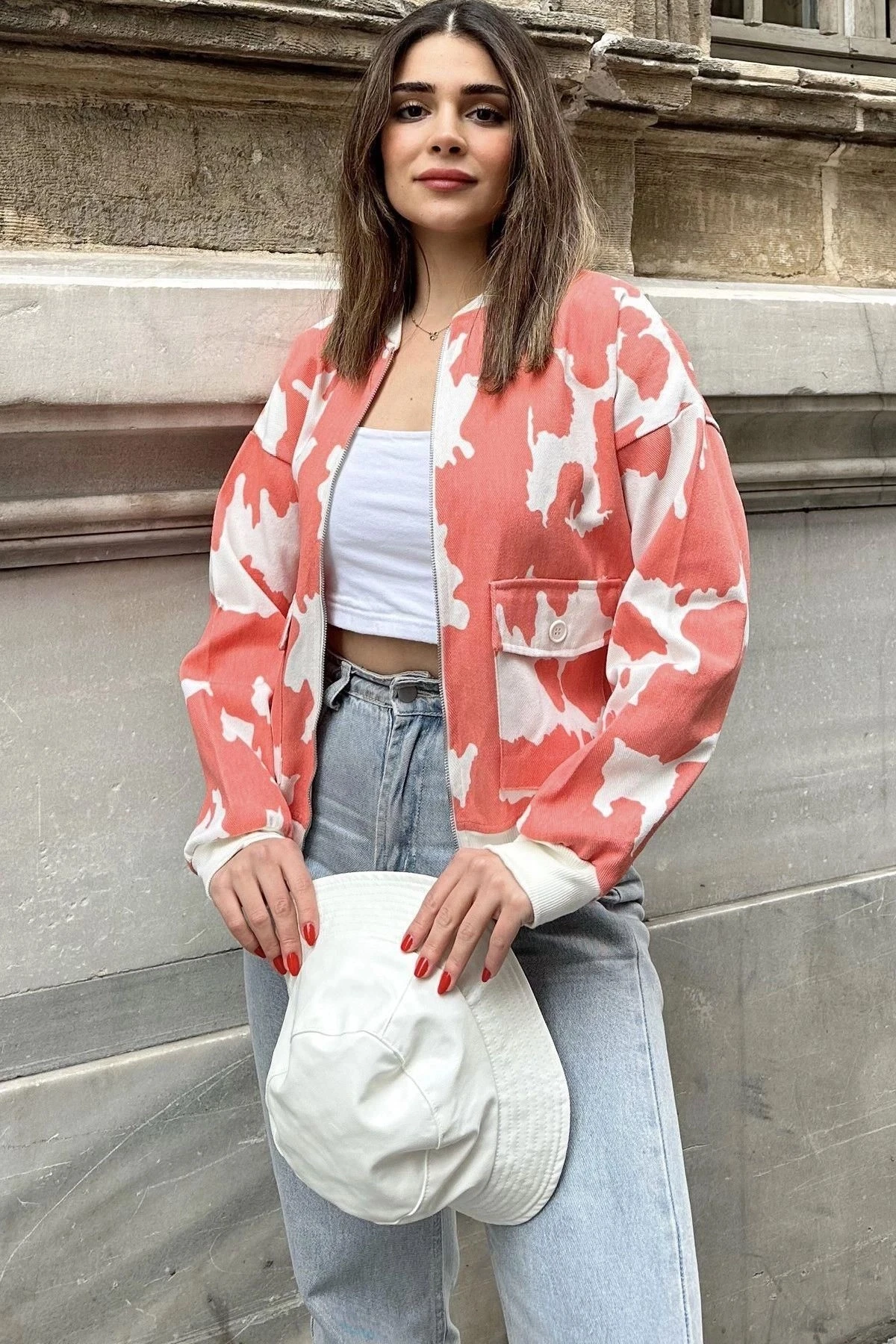 Kadın Mercan Desenli Gabardin Kumaş, Rahat Kesim, Kapaklı Cepli, Bomber Ceket
