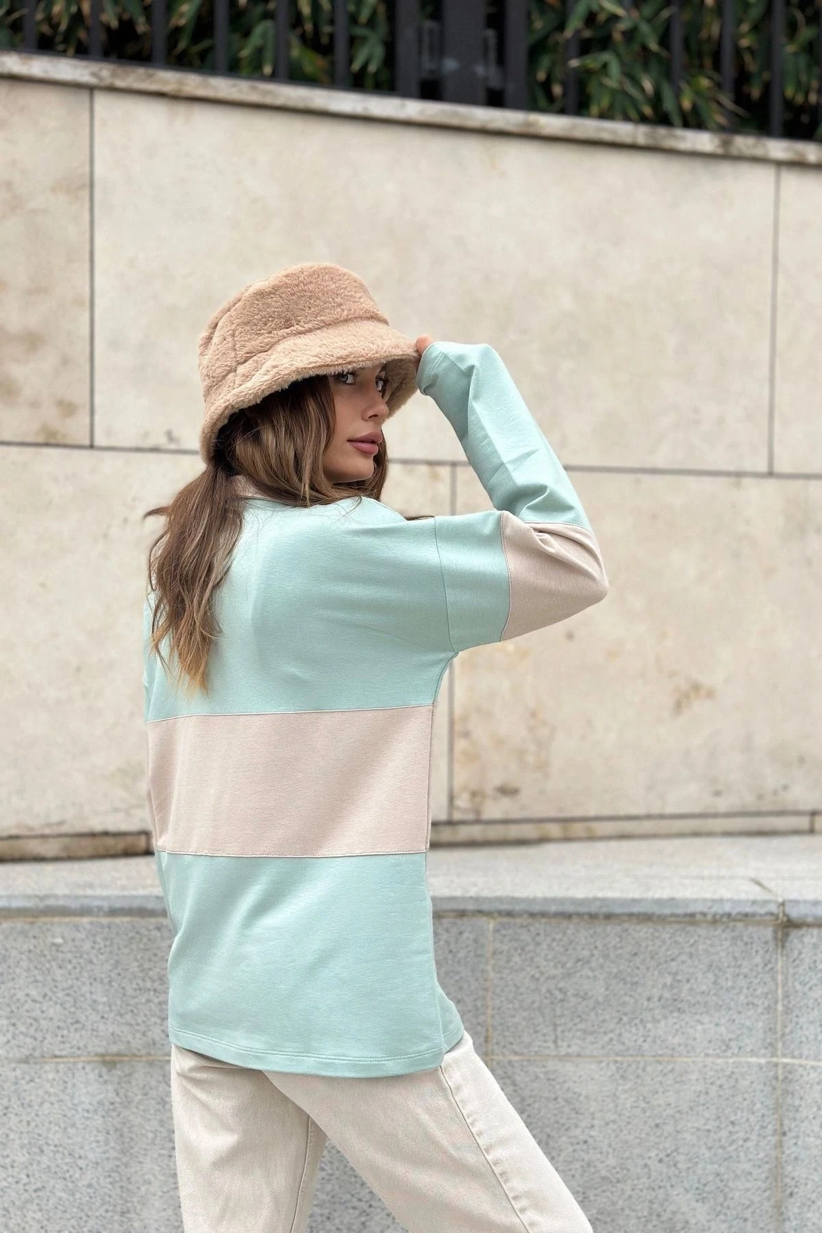 Kadın Mint Uzun Kol, Dik Yaka, Fermuarlı, Double Color Block Basic Sweatshirt Bluz