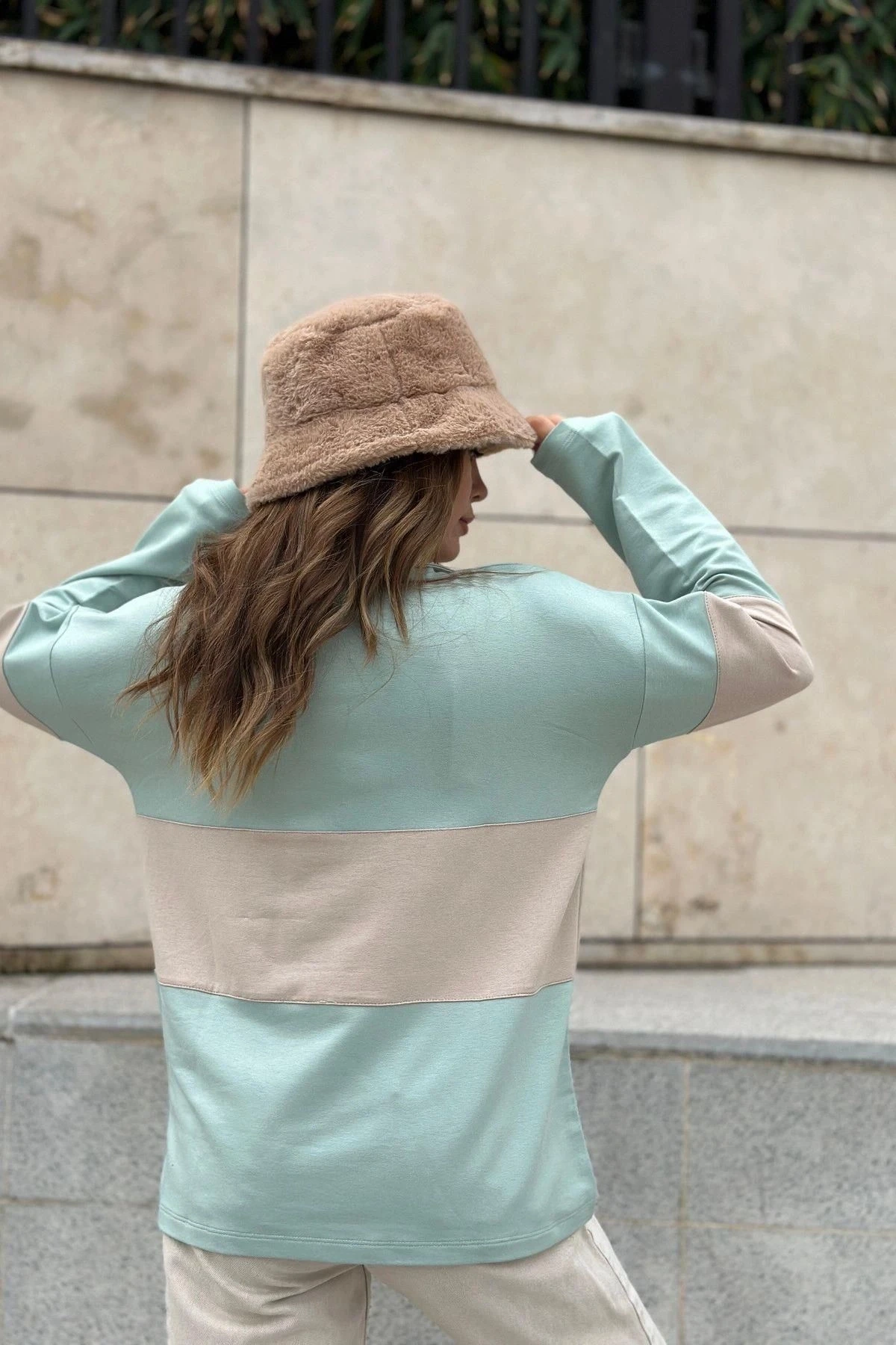 Kadın Mint Uzun Kol, Dik Yaka, Fermuarlı, Double Color Block Basic Sweatshirt Bluz