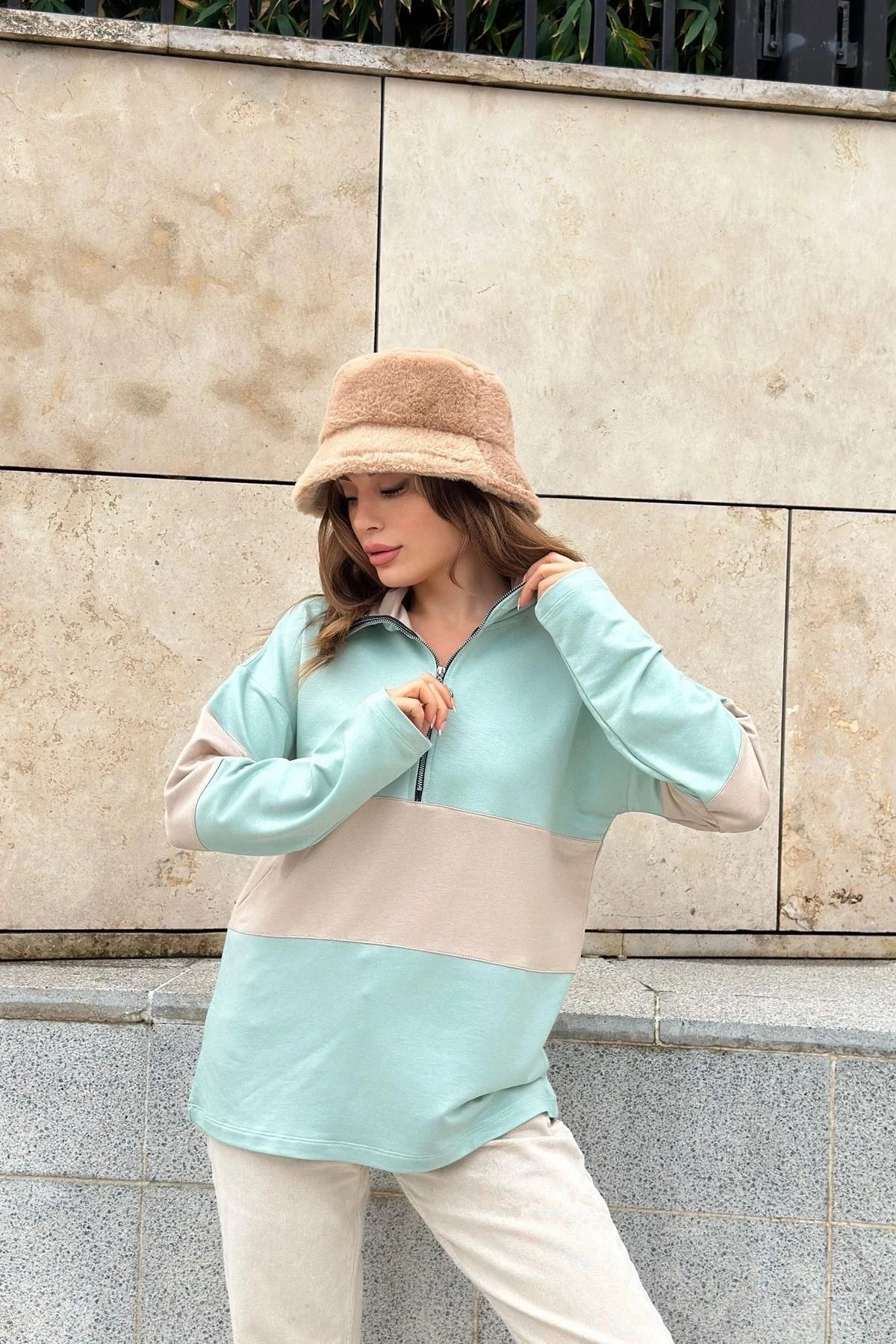 Kadın Mint Uzun Kol, Dik Yaka, Fermuarlı, Double Color Block Basic Sweatshirt Bluz