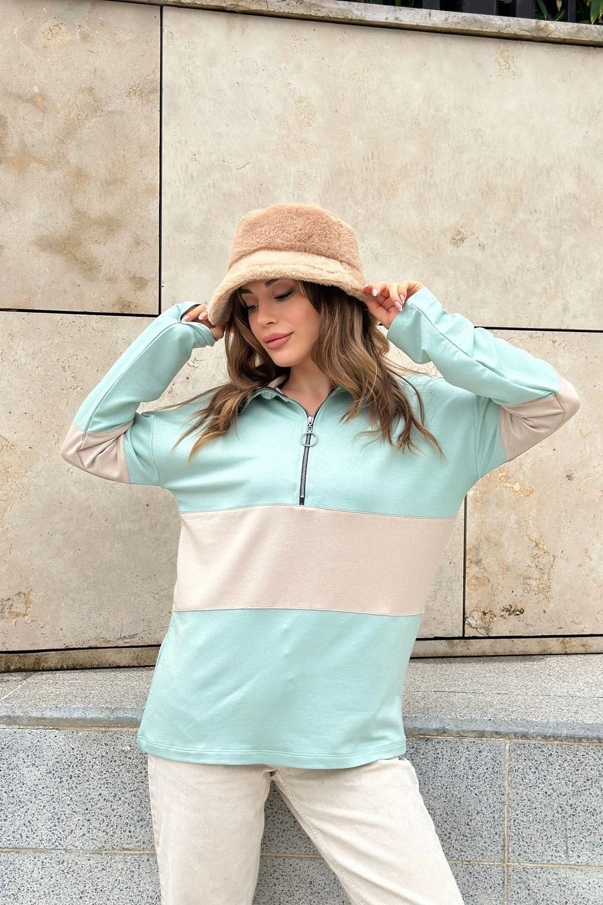 Kadın Mint Uzun Kol, Dik Yaka, Fermuarlı, Double Color Block Basic Sweatshirt Bluz