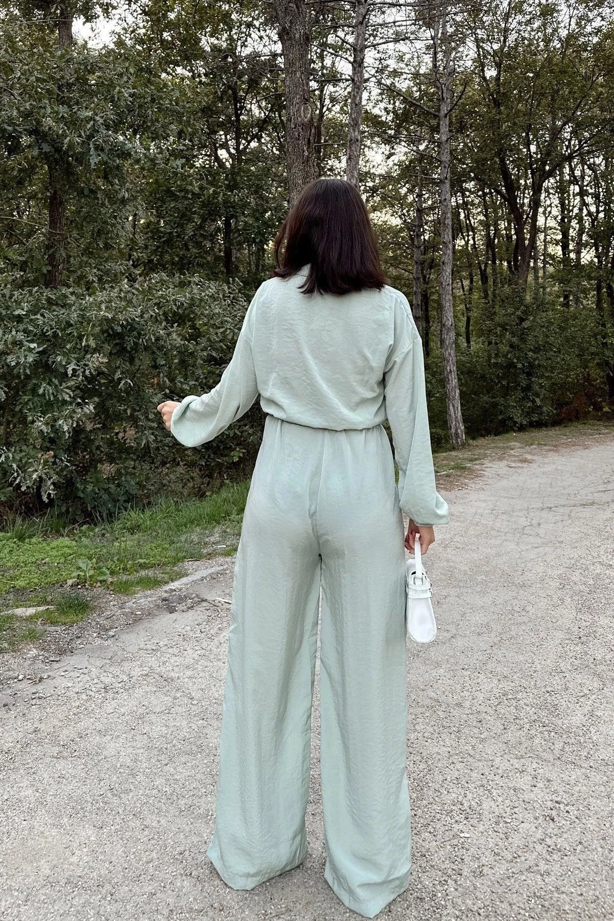 Kadın Mint Uzun Kol, Gömlek Yaka, Beli Lastikli, 4 Cepli, Bilekleri Lastikli, Salaş Tulum