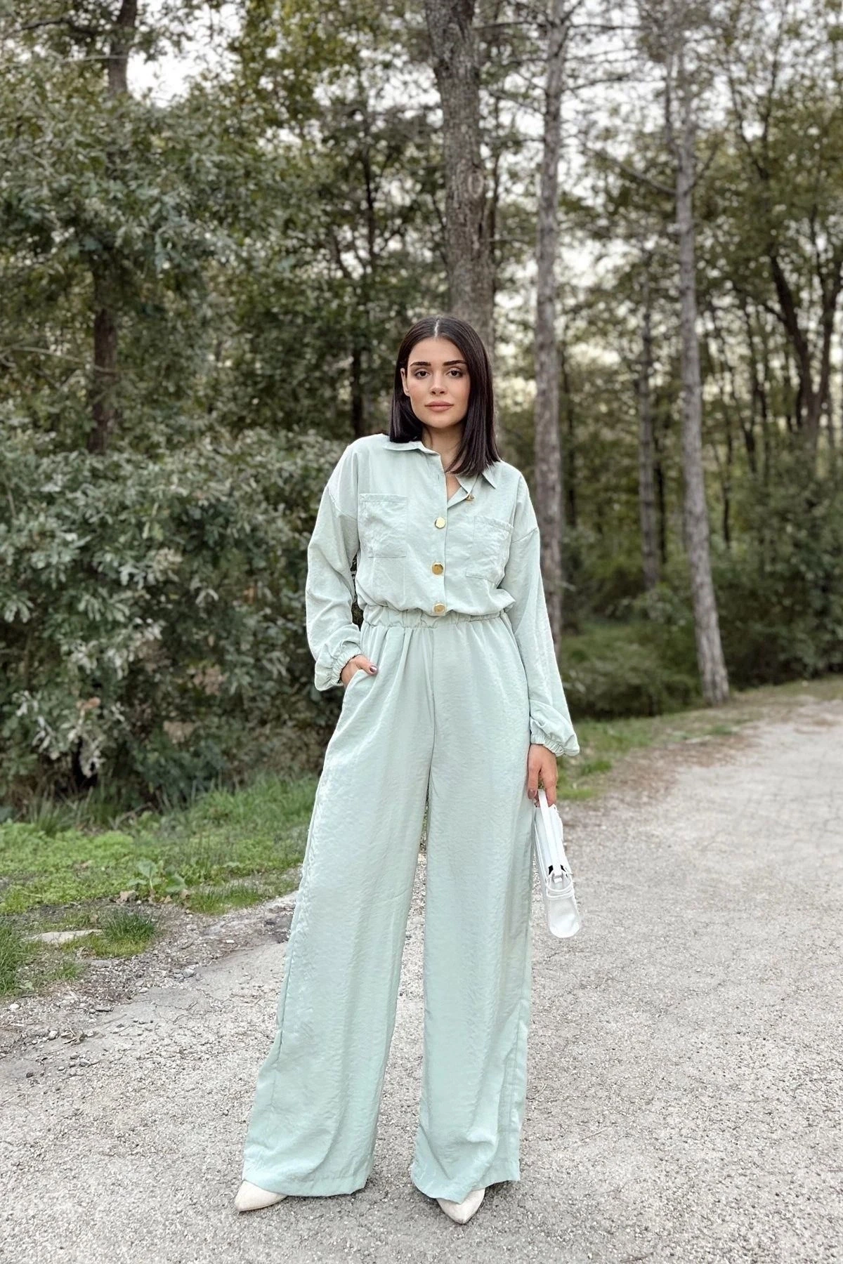 Kadın Mint Uzun Kol, Gömlek Yaka, Beli Lastikli, 4 Cepli, Bilekleri Lastikli, Salaş Tulum