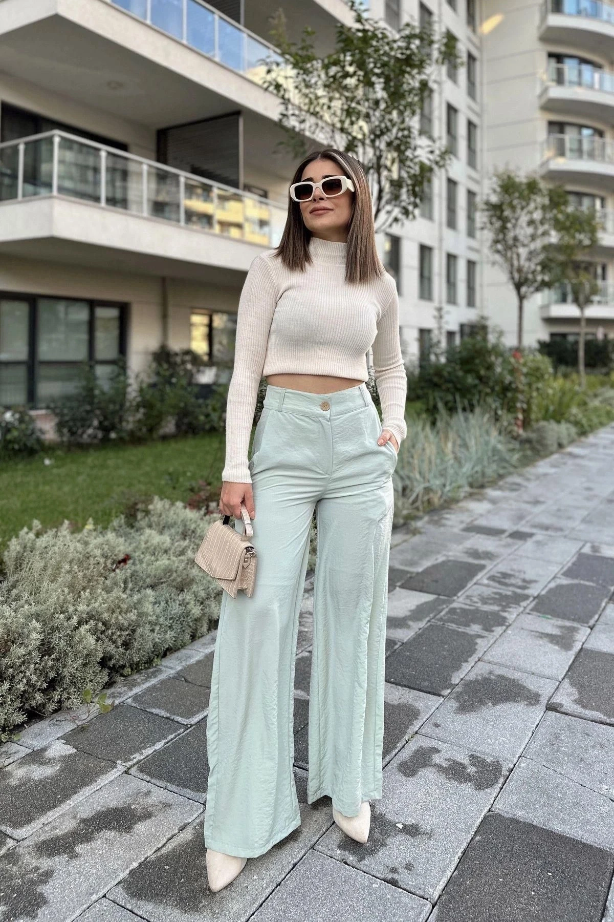 Kadın Mint Yüksek Bel, Cepli, Bol Paça Pantolon