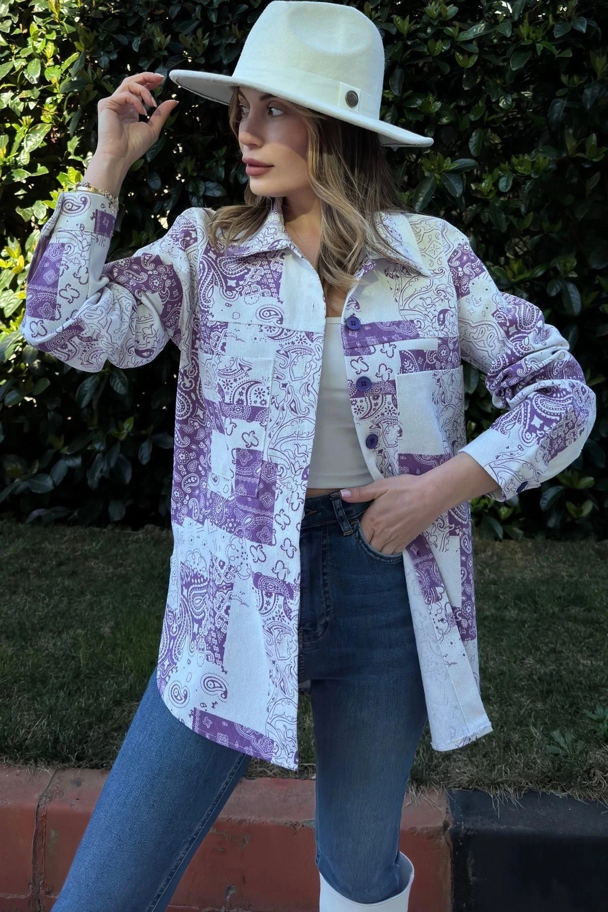 Kadın Mor Desenli Gabardin Kumaş, Eteği Oval Kesim, Cepli, Oversize Gömlek