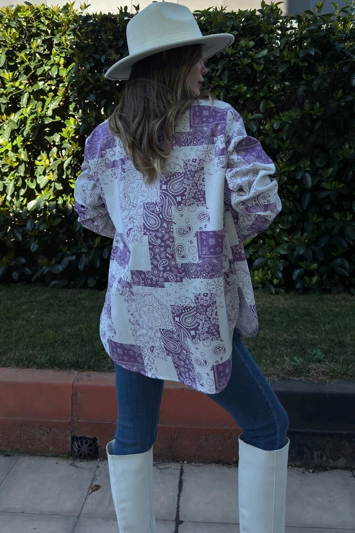 Kadın Mor Desenli Gabardin Kumaş, Eteği Oval Kesim, Cepli, Oversize Gömlek