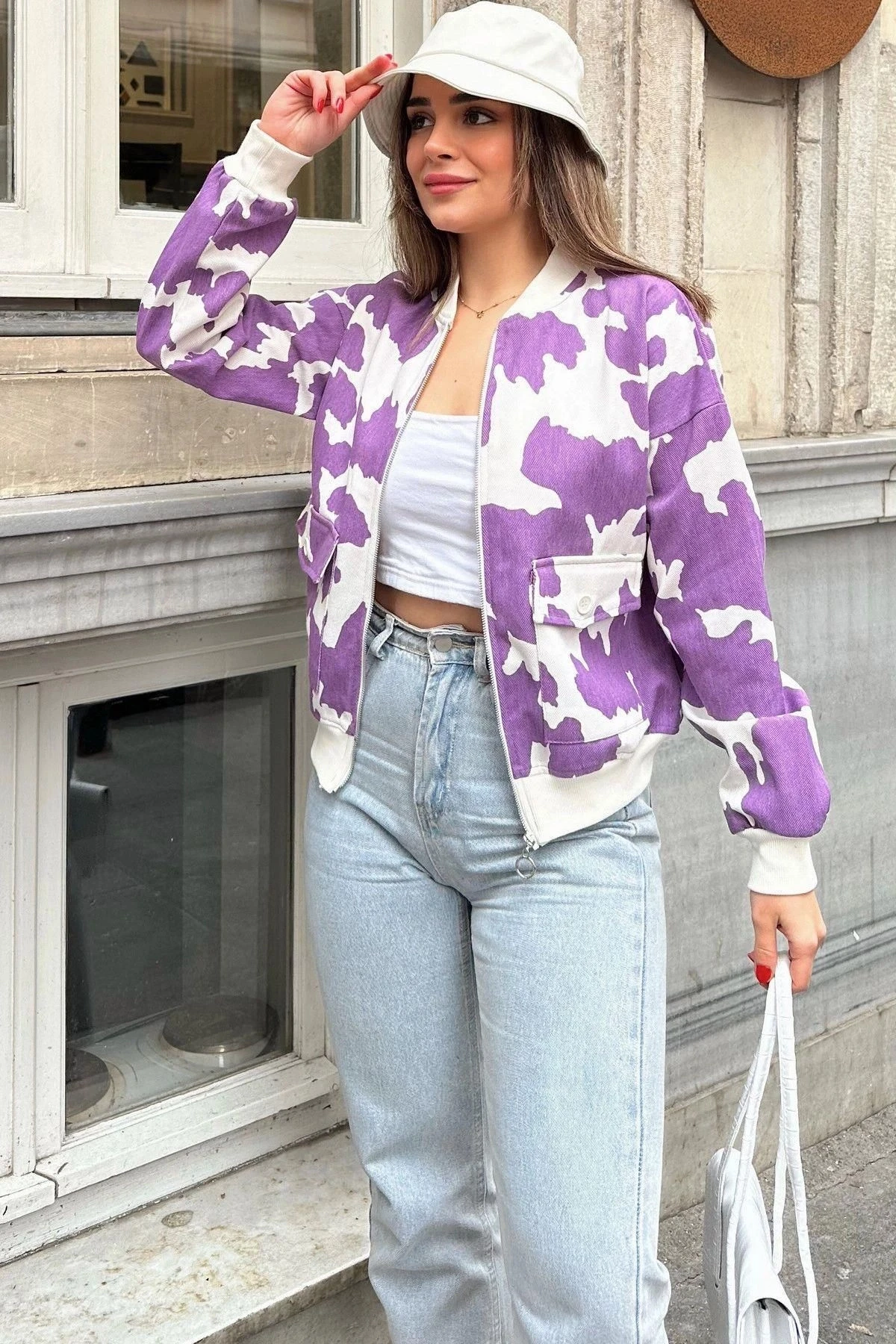 Kadın Mor Desenli Gabardin Kumaş, Rahat Kesim, Kapaklı Cepli, Bomber Ceket