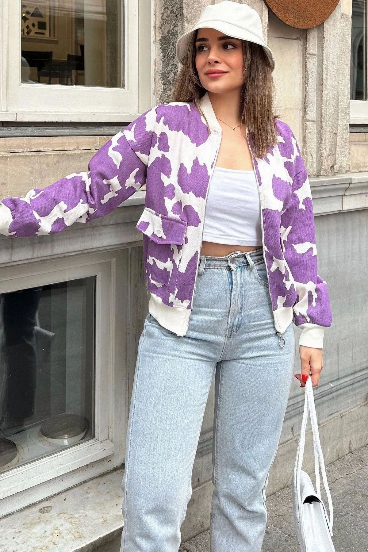 Kadın Mor Desenli Gabardin Kumaş, Rahat Kesim, Kapaklı Cepli, Bomber Ceket