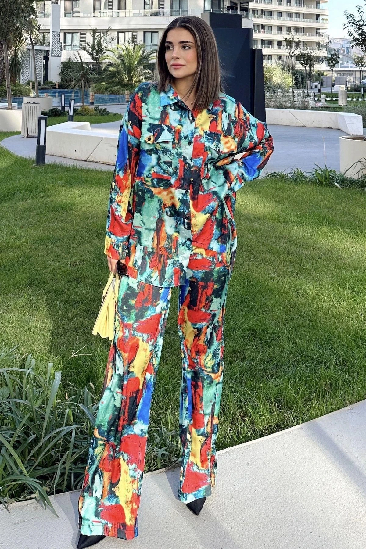 Kadın Multi Color Çift Cepli Gömlek & Bol Paça Pantolon - Salaş Alt & Üst Takım