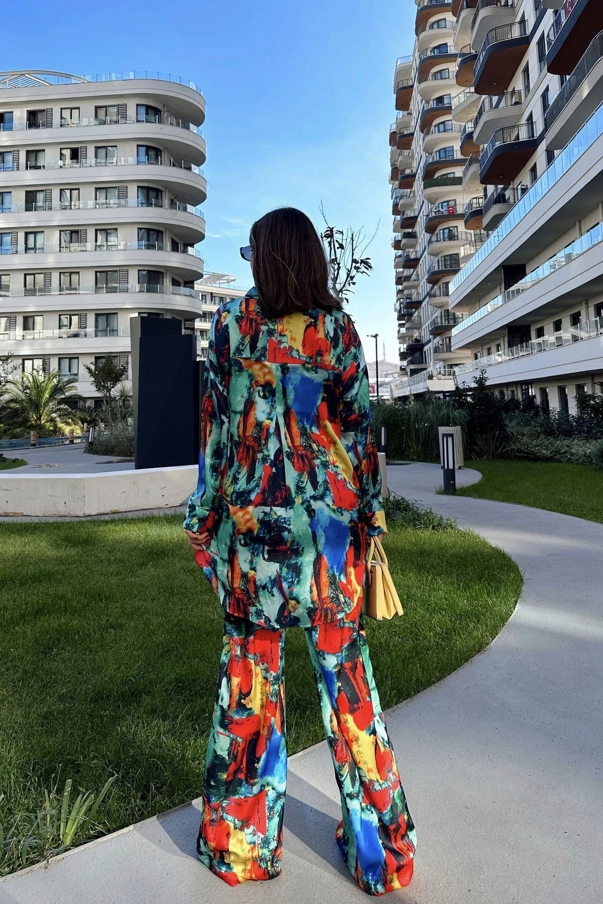 Kadın Multi Color Çift Cepli Gömlek & Bol Paça Pantolon - Salaş Alt & Üst Takım