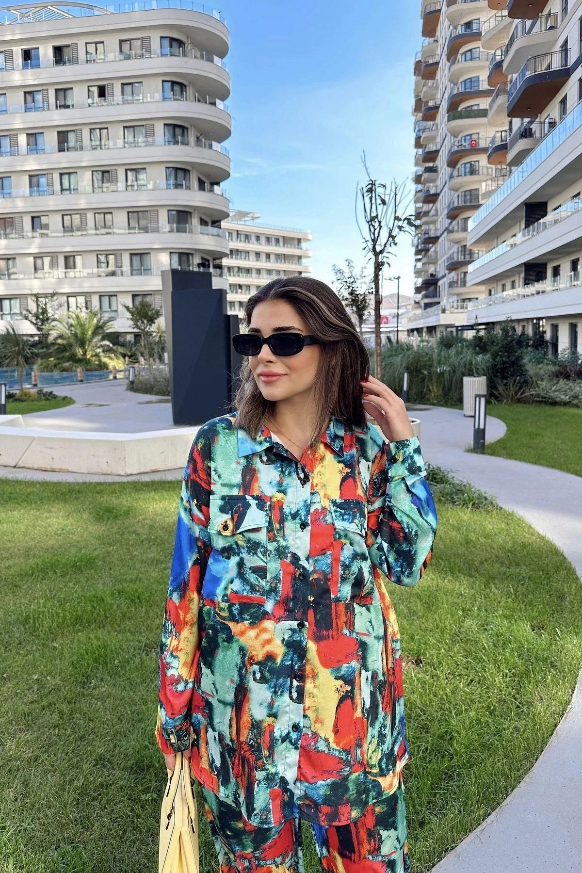 Kadın Multi Color Çift Cepli Gömlek & Bol Paça Pantolon - Salaş Alt & Üst Takım