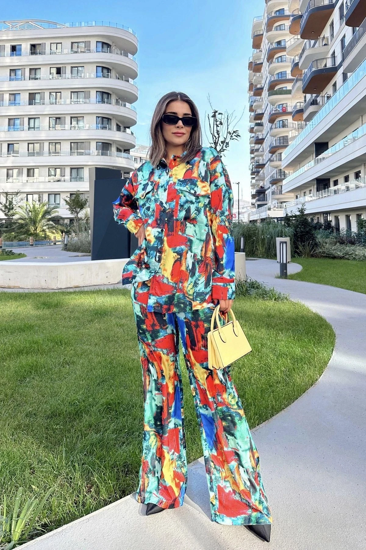 Kadın Multi Color Çift Cepli Gömlek & Bol Paça Pantolon - Salaş Alt & Üst Takım