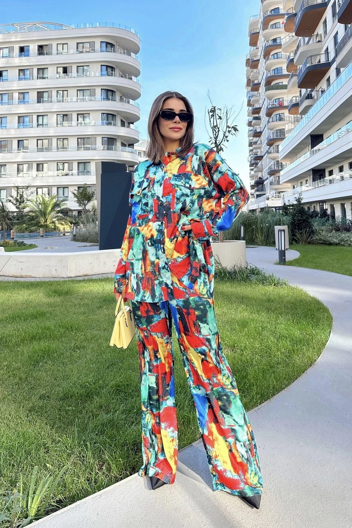 Kadın Multi Color Çift Cepli Gömlek & Bol Paça Pantolon - Salaş Alt & Üst Takım