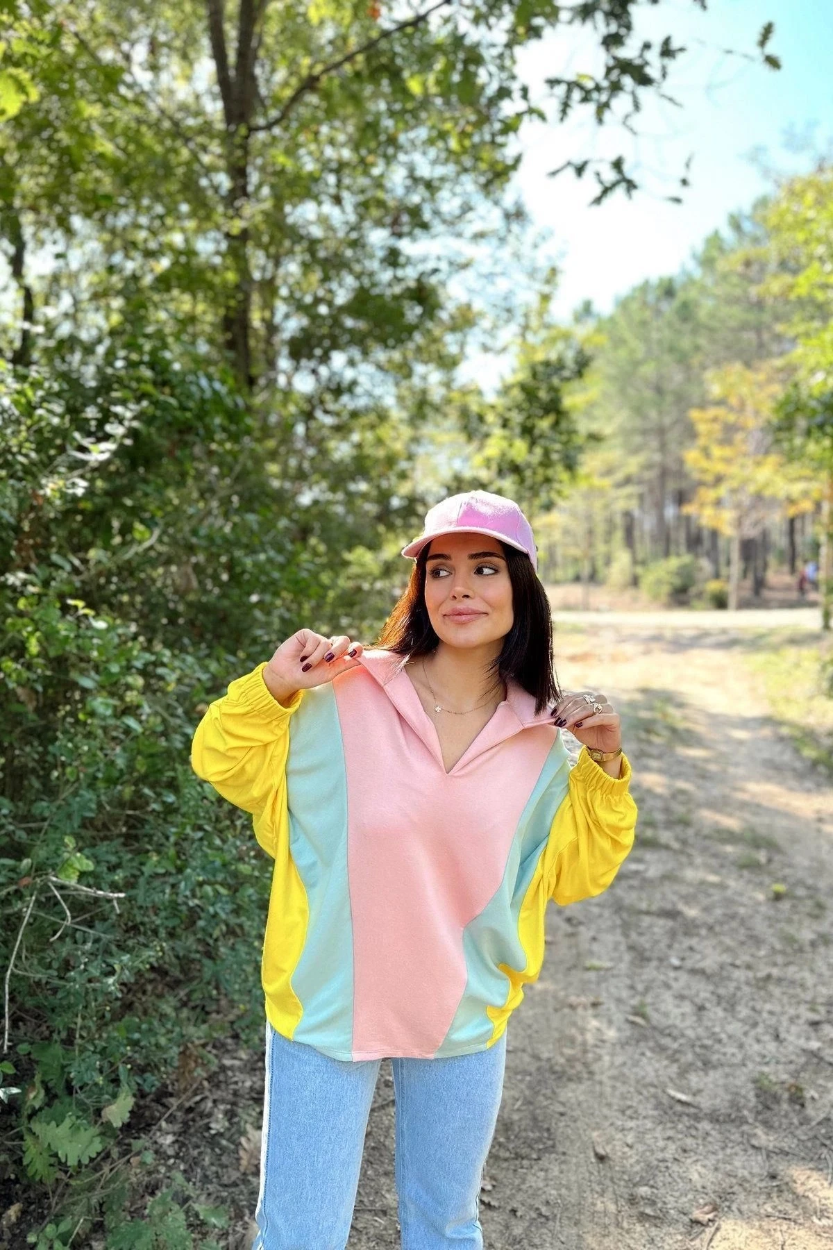 Kadın Pembe Polo Yaka, Yarasa Kol, Lastikli Manşet, Asimetrik Color Block, Salaş Sweatshirt Bluz